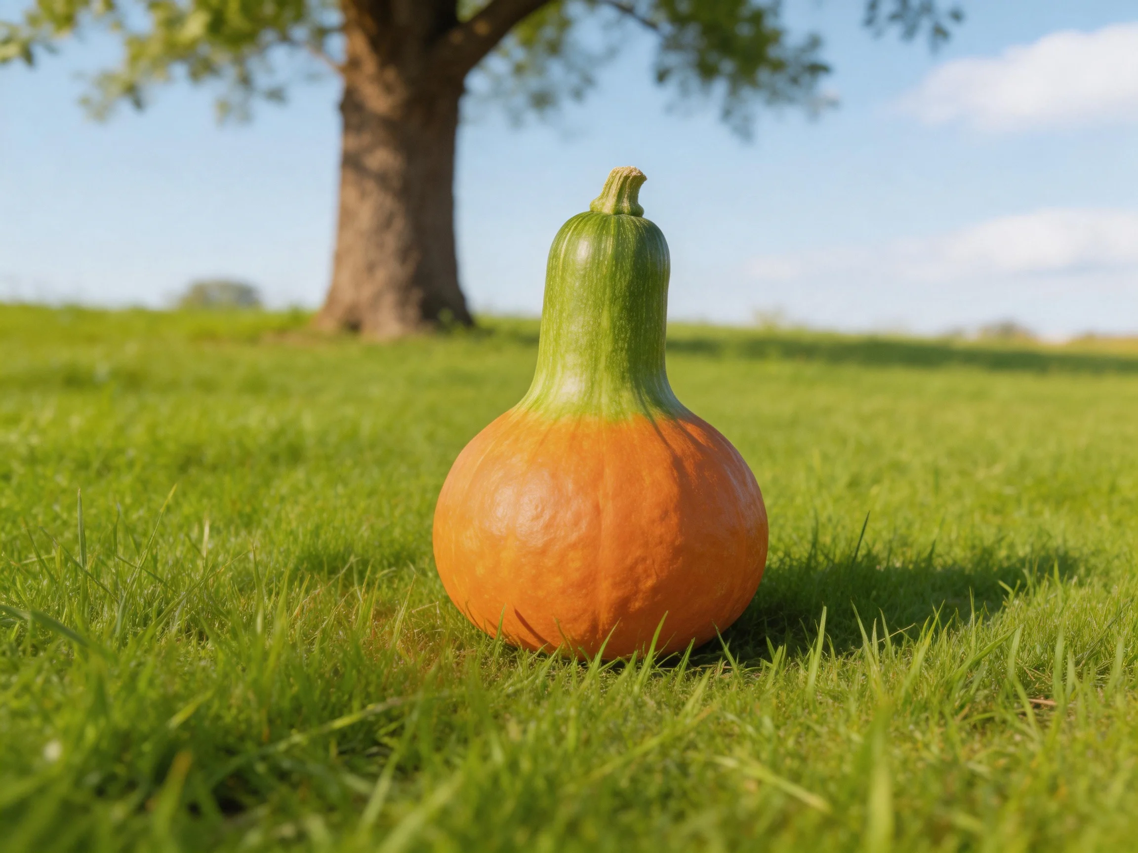 A single orange and green gourd sits on vibrant grass beside a large tree