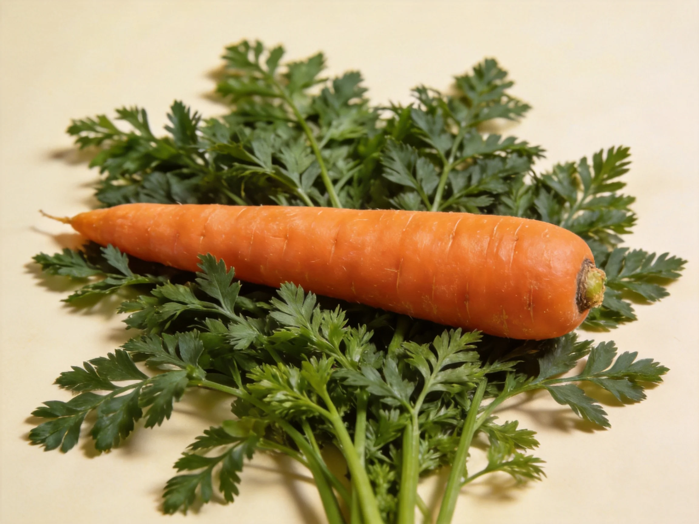 A single orange carrot with abundant green leafy foliage