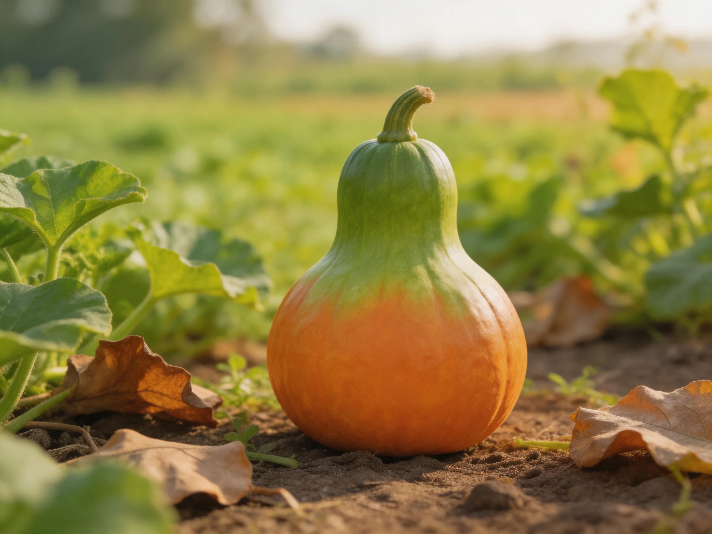 A single orange-green gourd rests among lush vegetation in a sun-drenched farm field