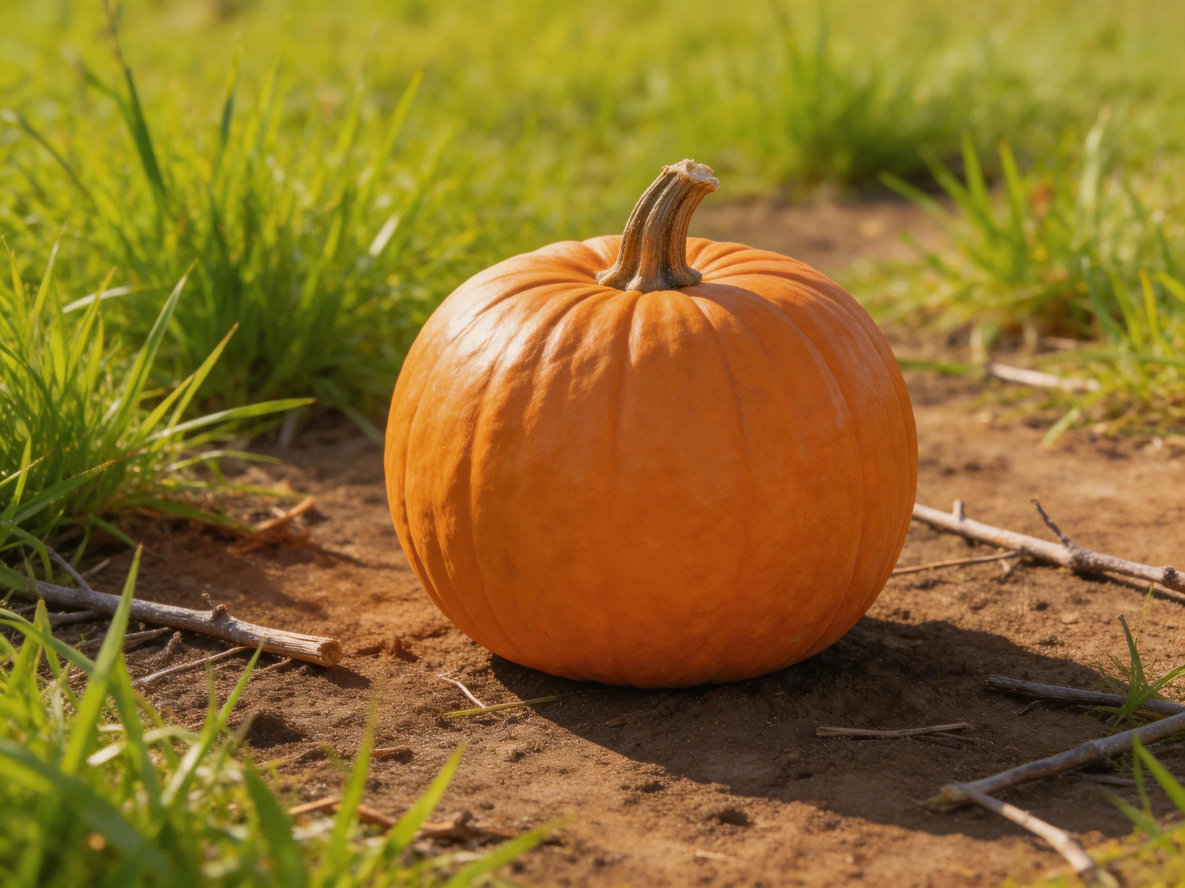 A single orange pumpkin rests on dirt amid green grass