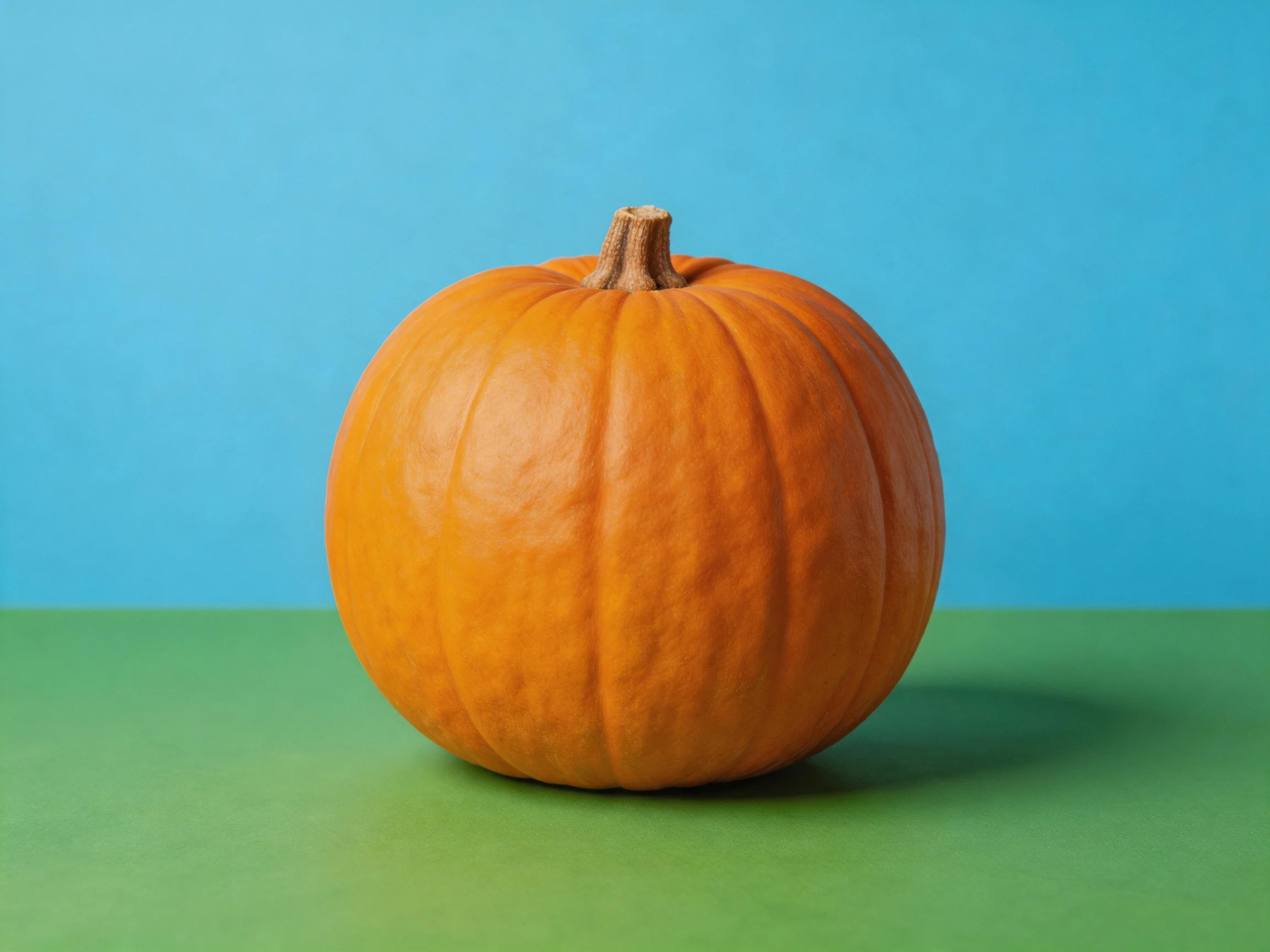 A single orange pumpkin sits against a blue and green backdrop