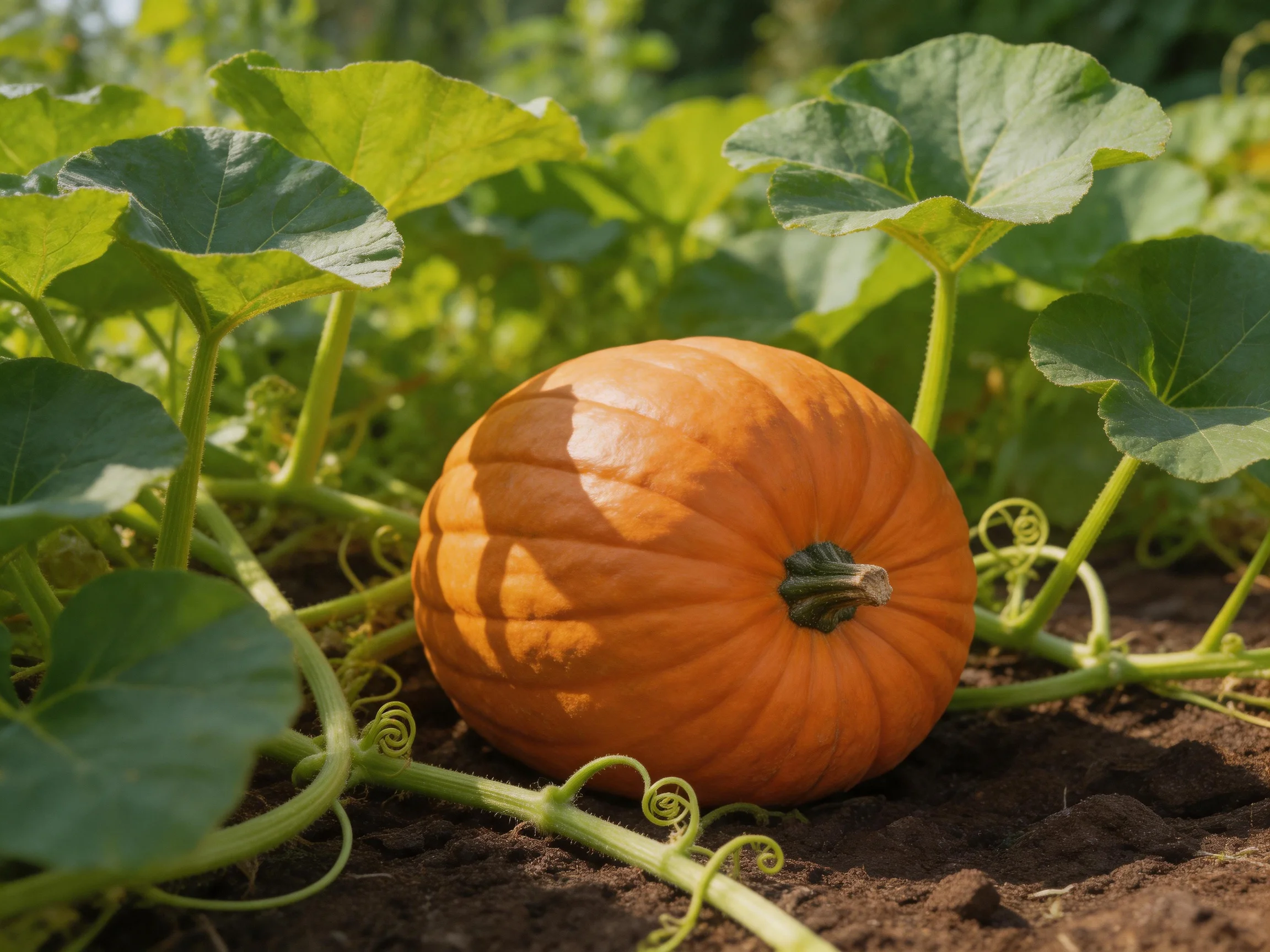 A single orange pumpkin surrounded by large green leaves in a sunlit garden