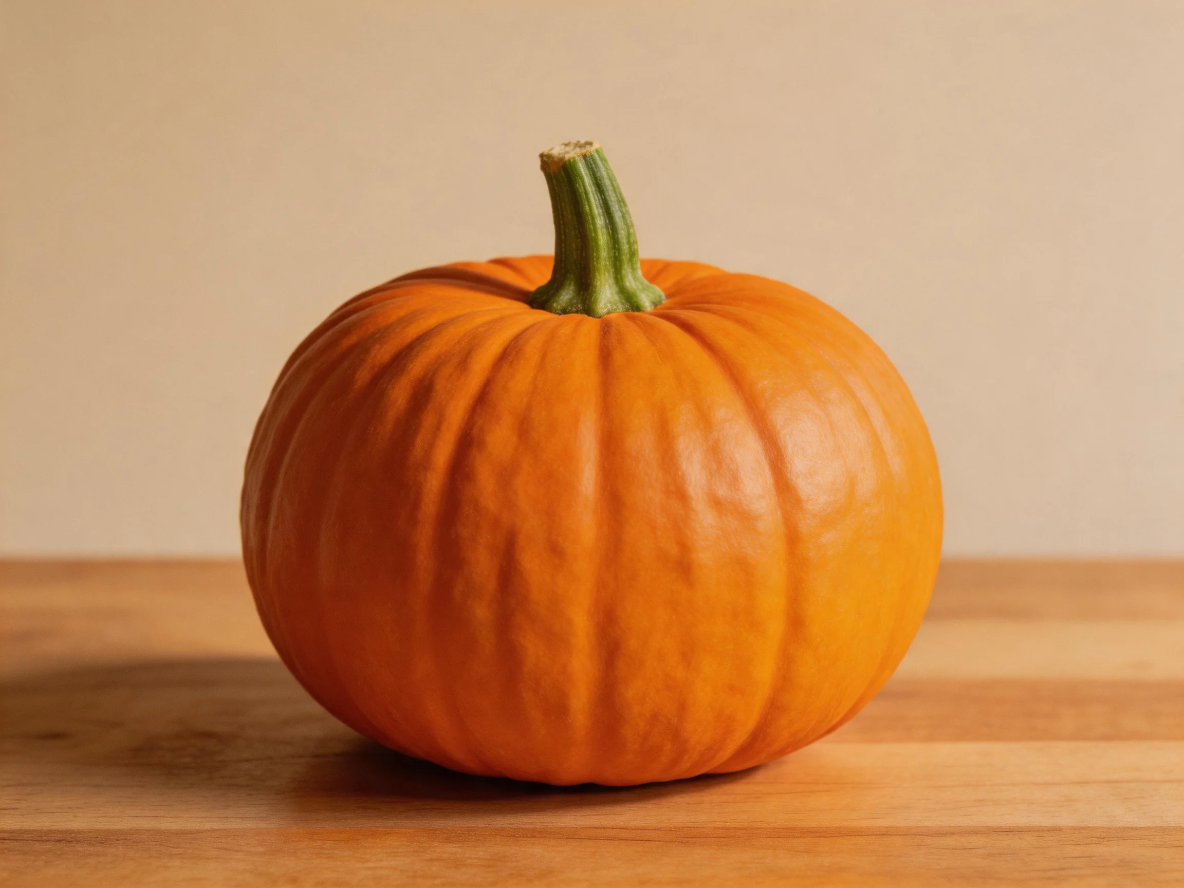 A single orange pumpkin with a green stem sits on a wooden surface
