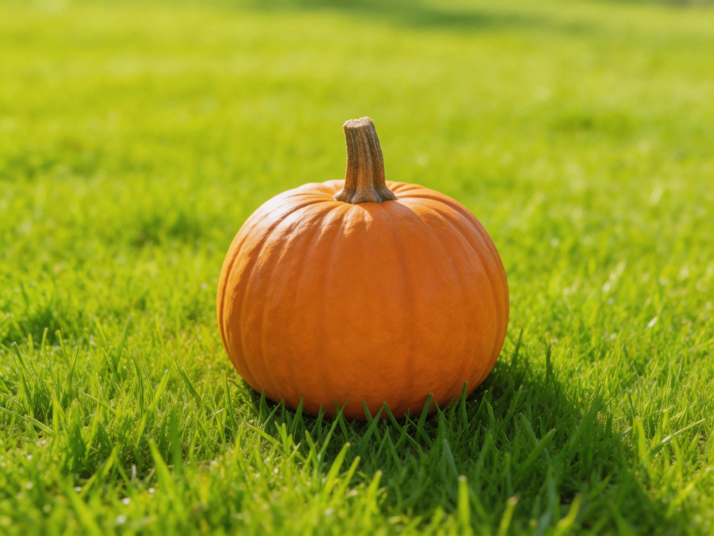 A single orange pumpkin with a textured rind resting on lush green grass