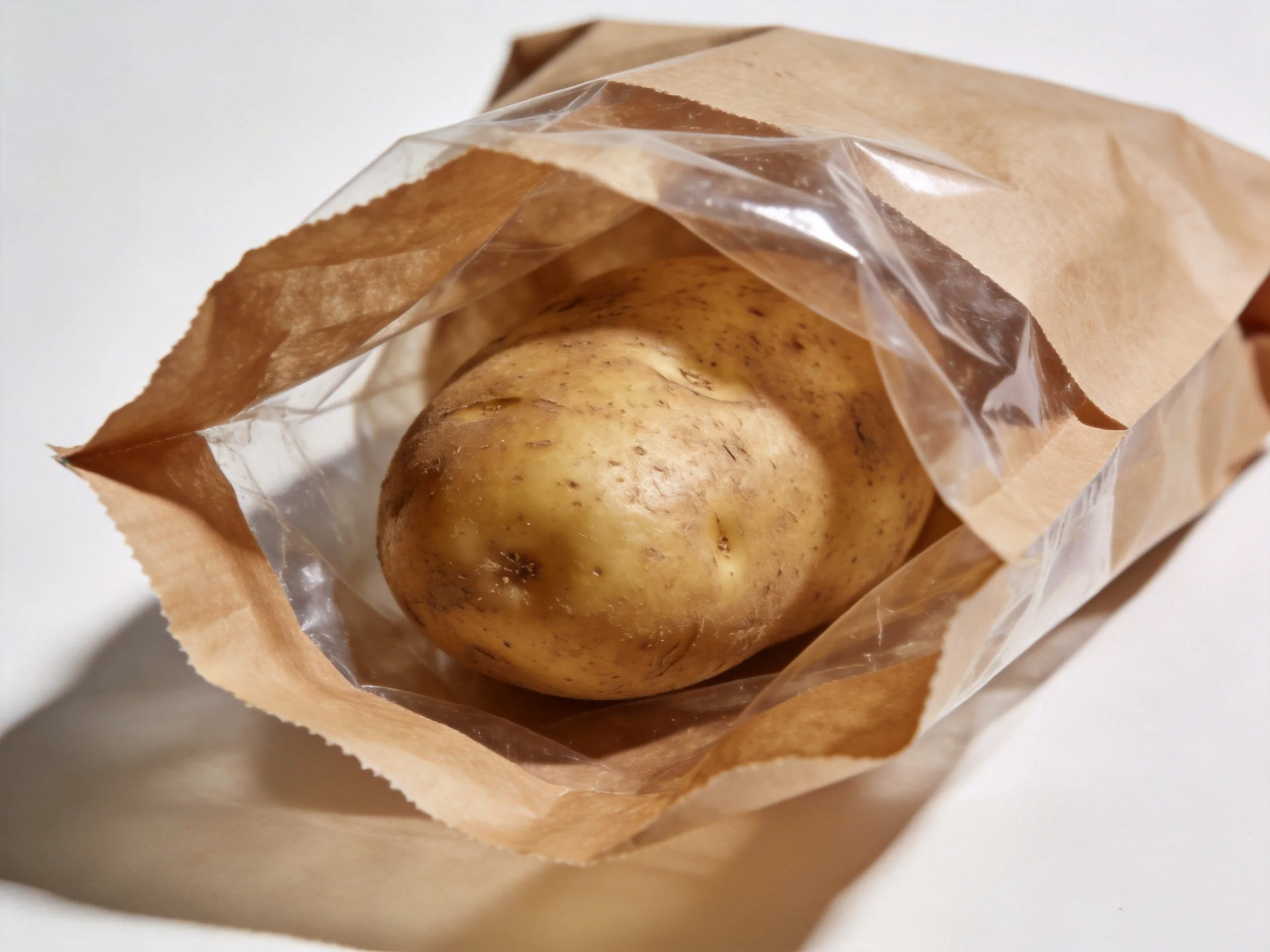 A single potato in an open brown paper bag with transparent plastic lining