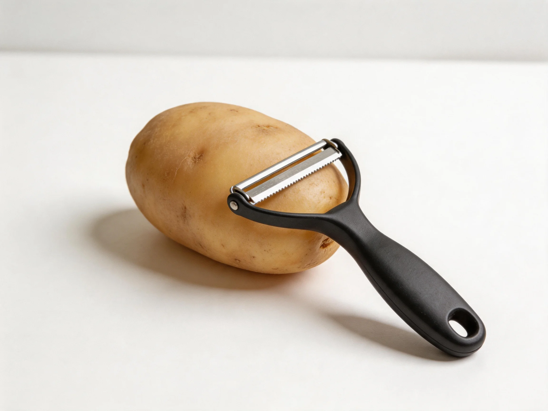 A single potato with a black-handled peeling tool