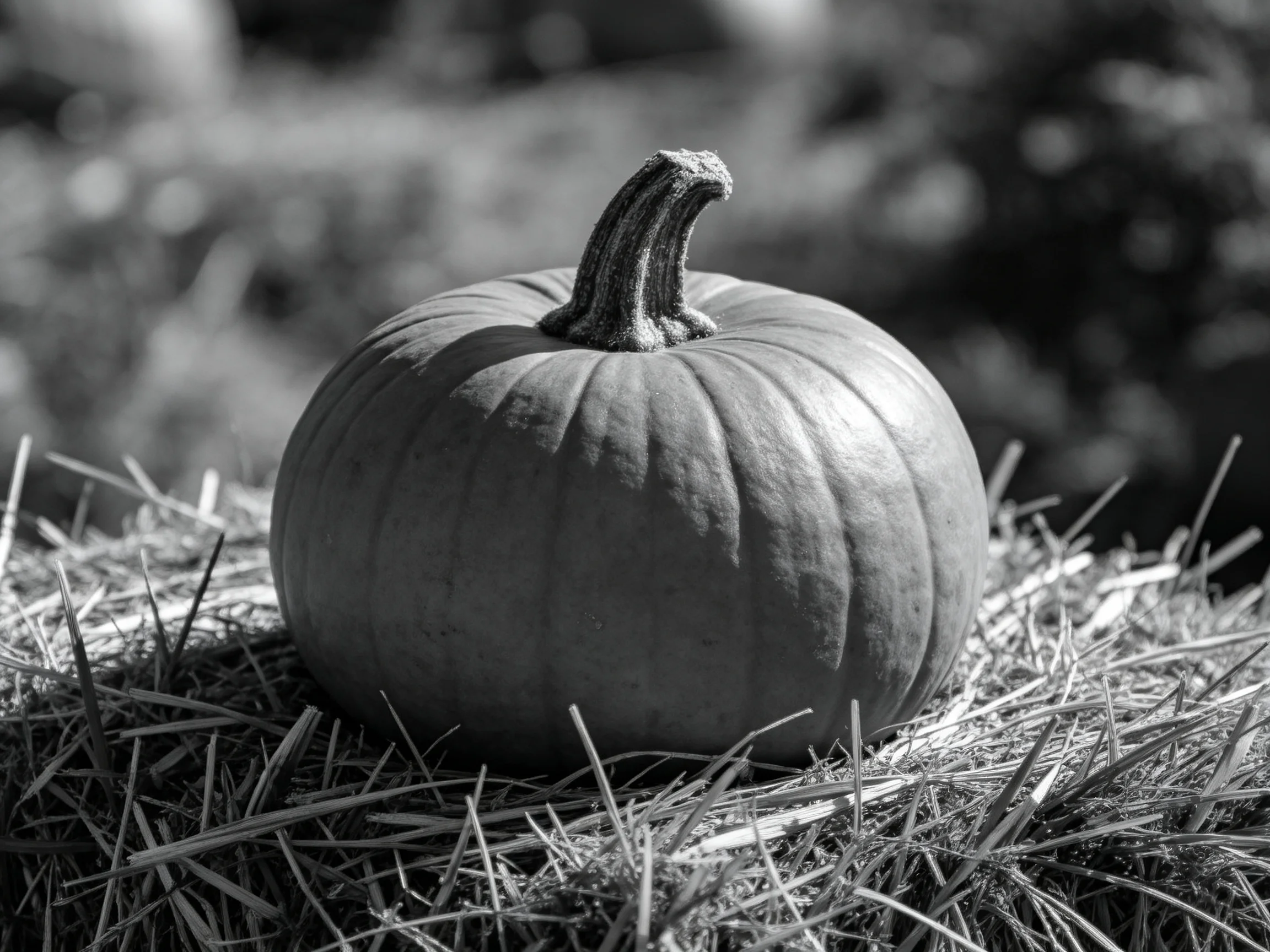A single pumpkin rests on dry straw in a monochrome scene