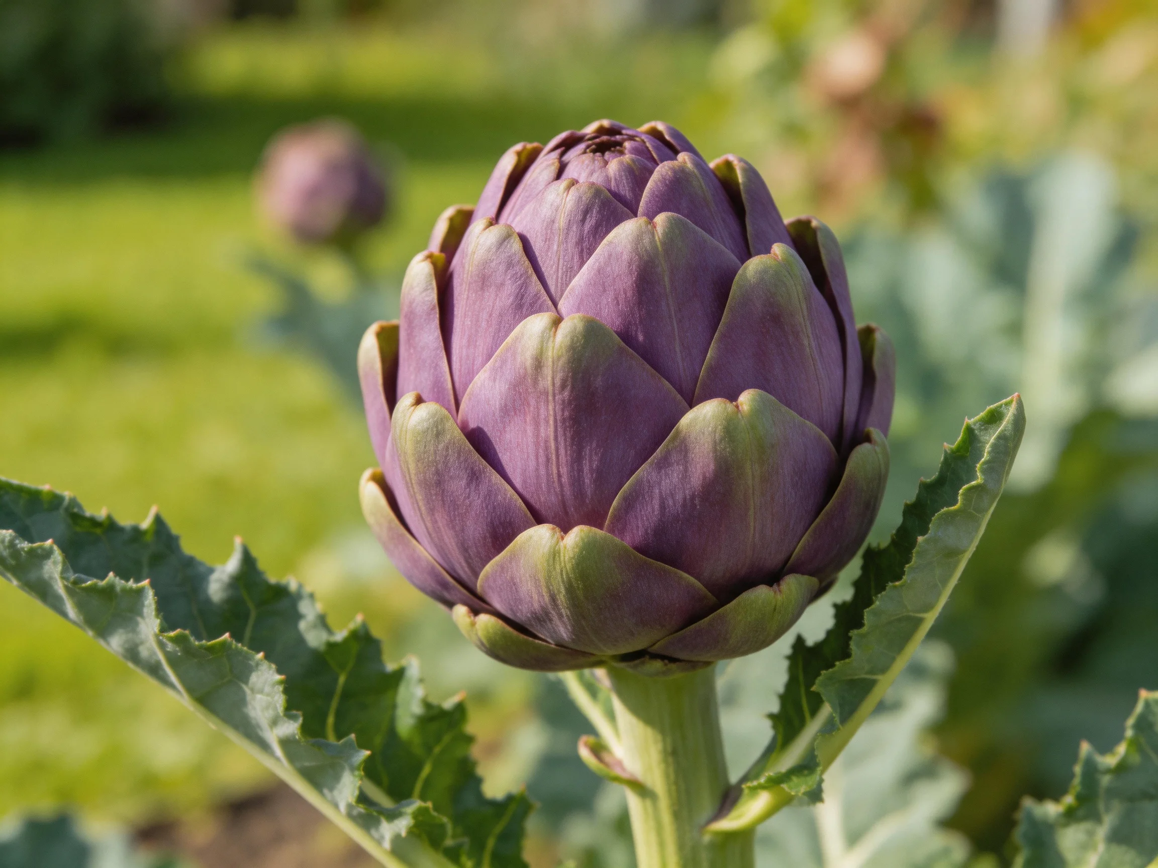 A single purple artichoke bud surrounded by broad green leaves in a sunlit garden