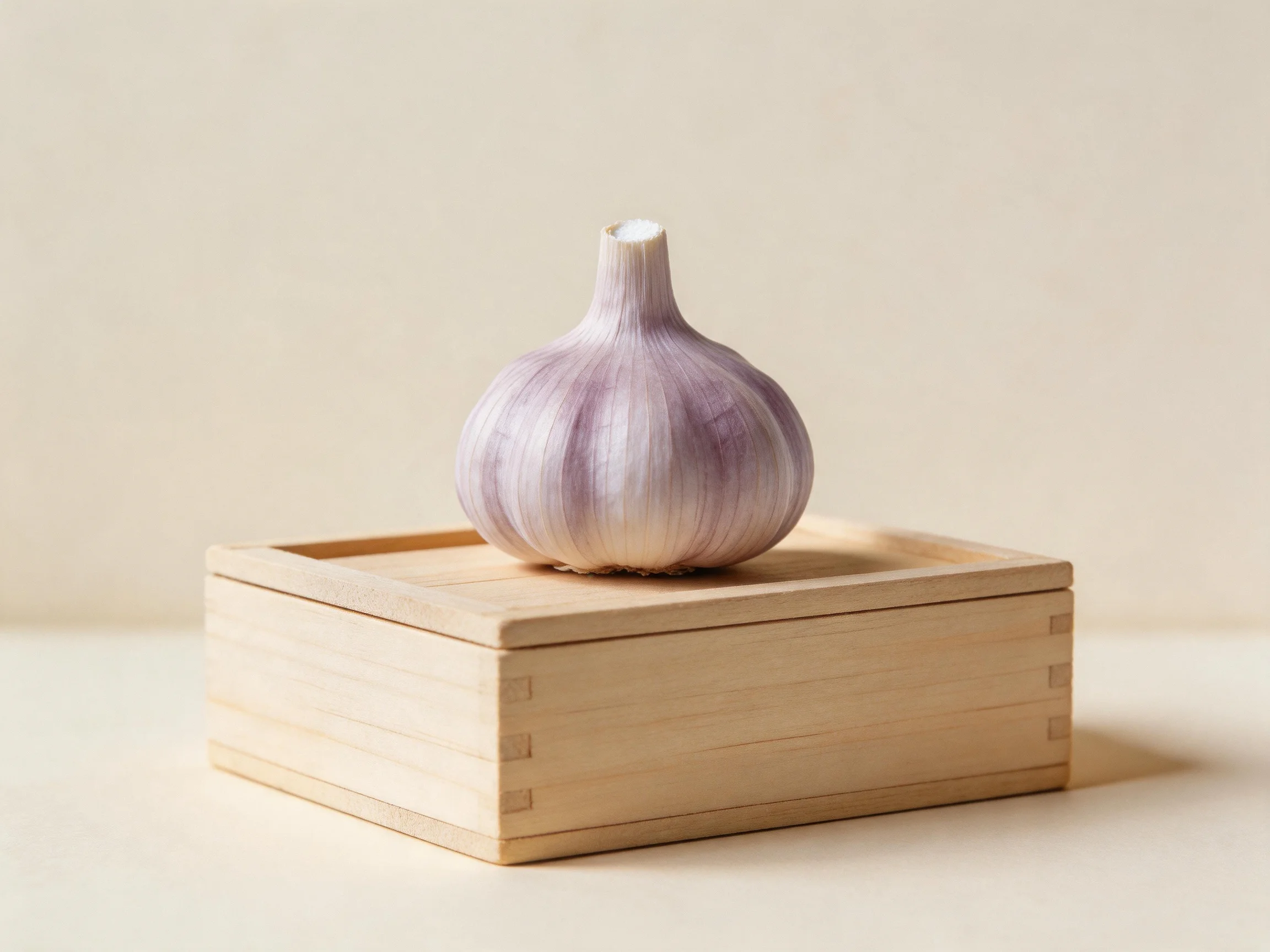 A single purple garlic bulb sits atop a light wooden box