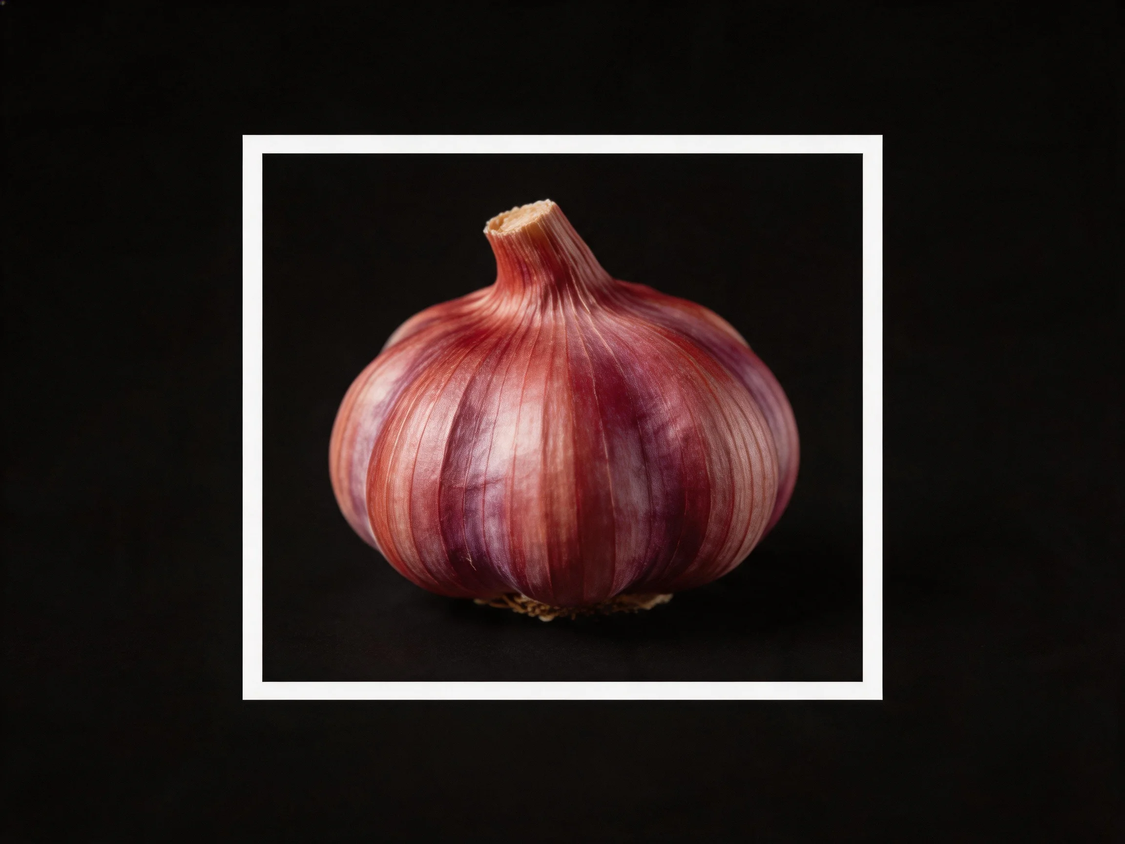 A single purple-red garlic bulb centered within a white border on a black background