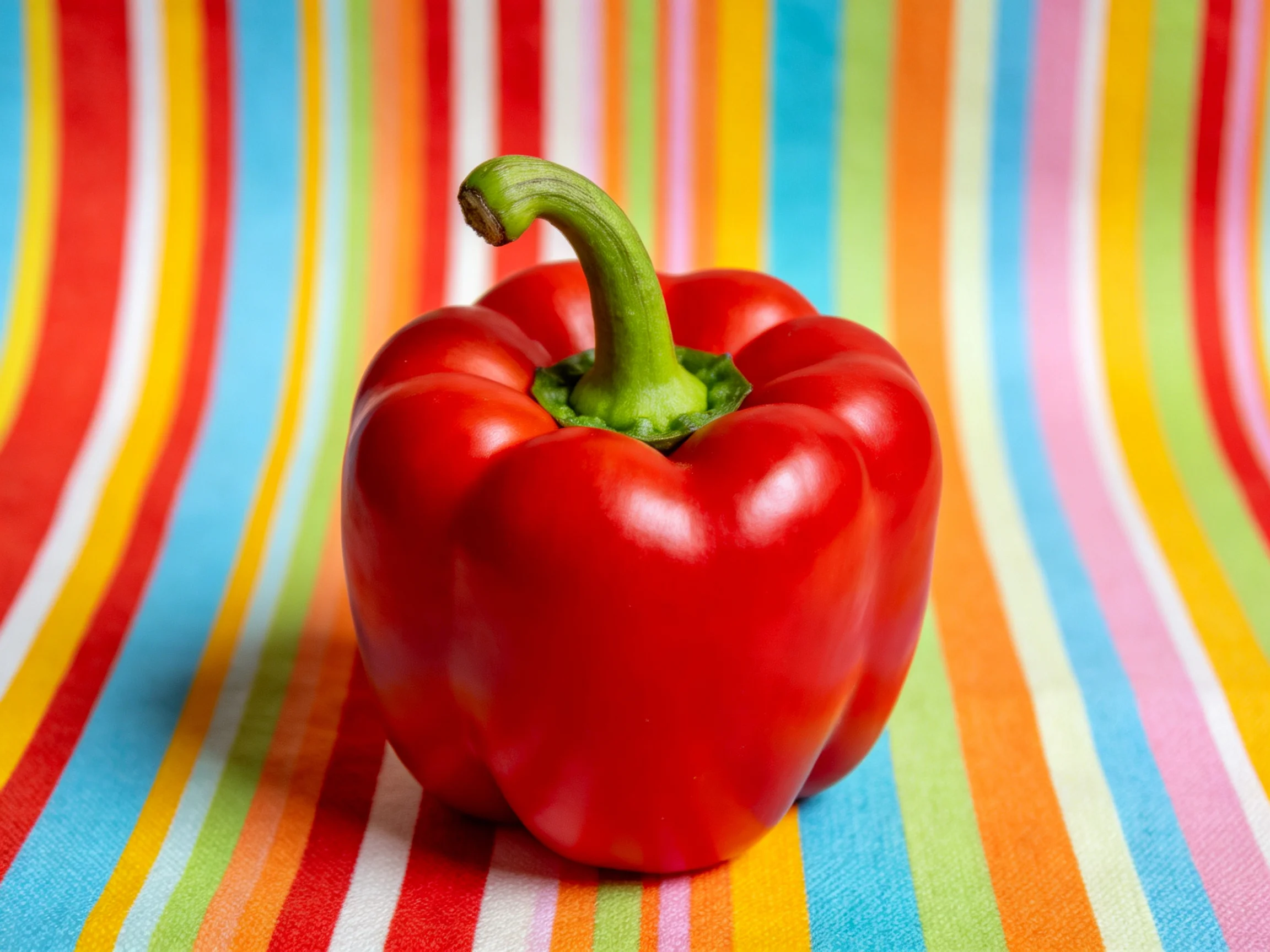 A single red bell pepper on multicolored vertical striped fabric