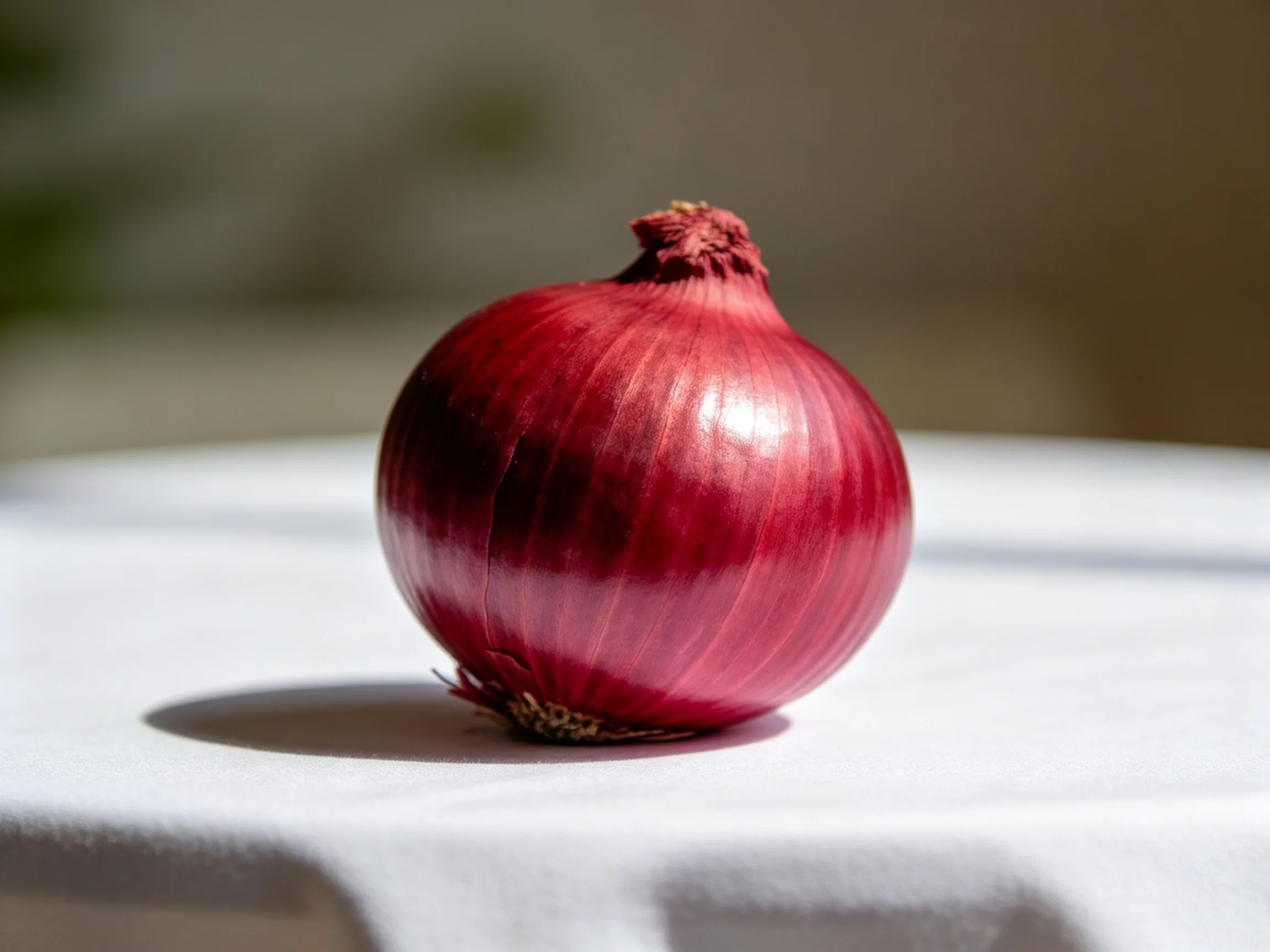A single red onion sits prominently on a white surface