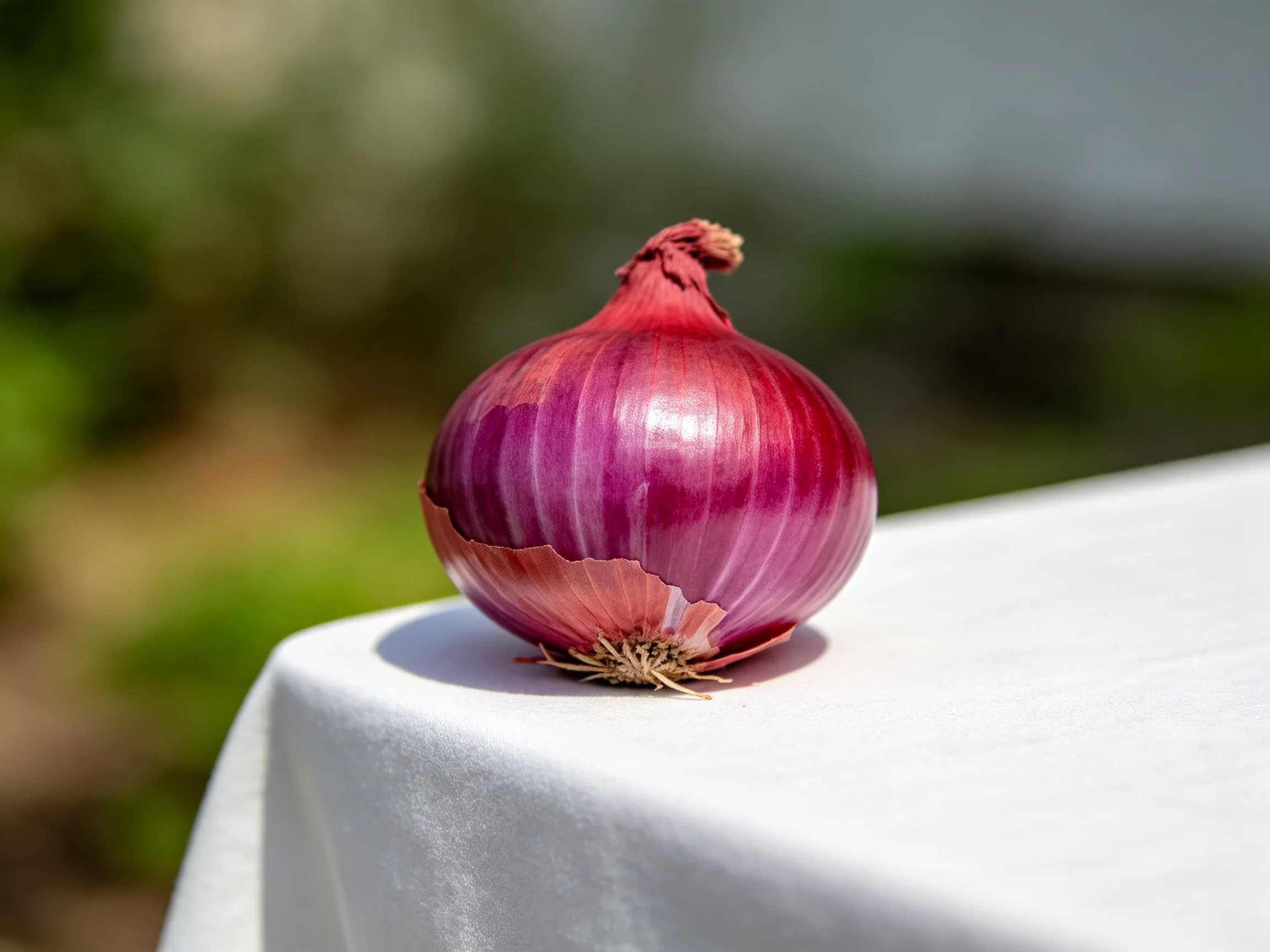 A single red-purple onion rests on a white cloth with blurred greenery in the background