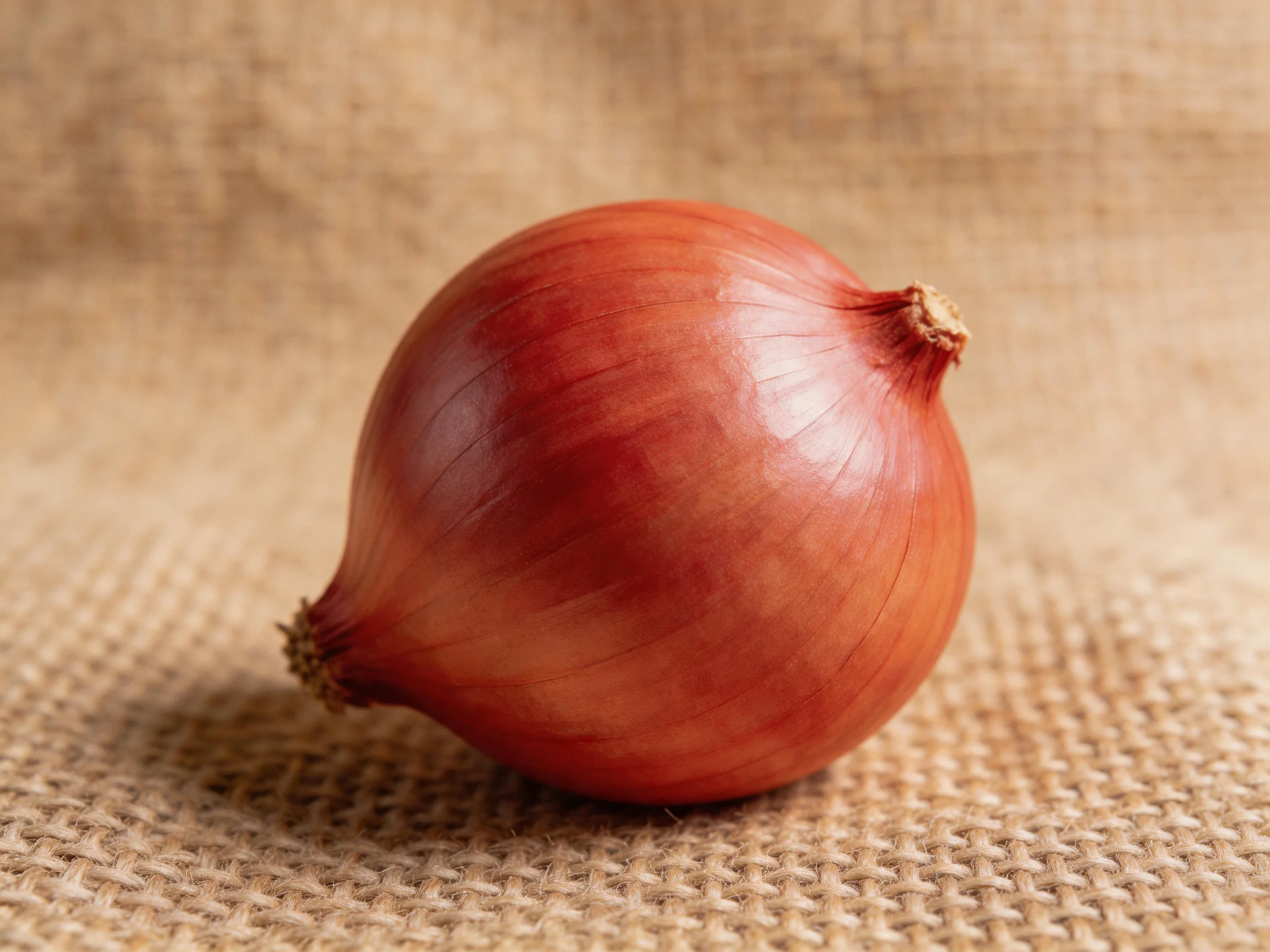 A single reddish-brown onion on textured burlap fabric