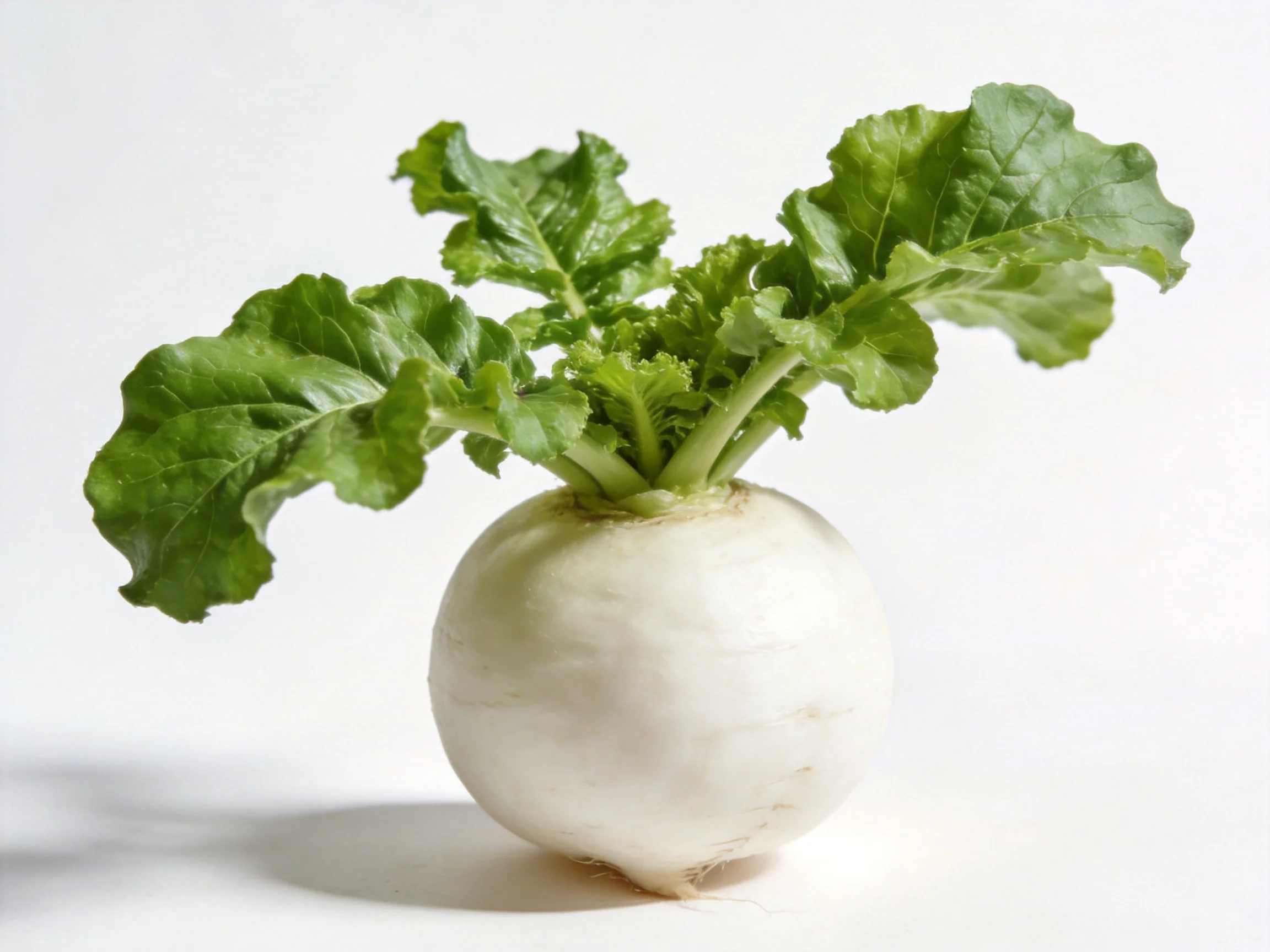 A single round white radish with vibrant green foliage