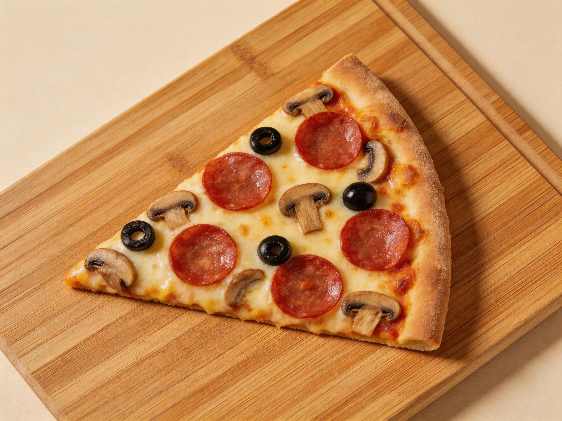 A single slice of pepperoni, mushroom, and olive pizza on a bamboo cutting board