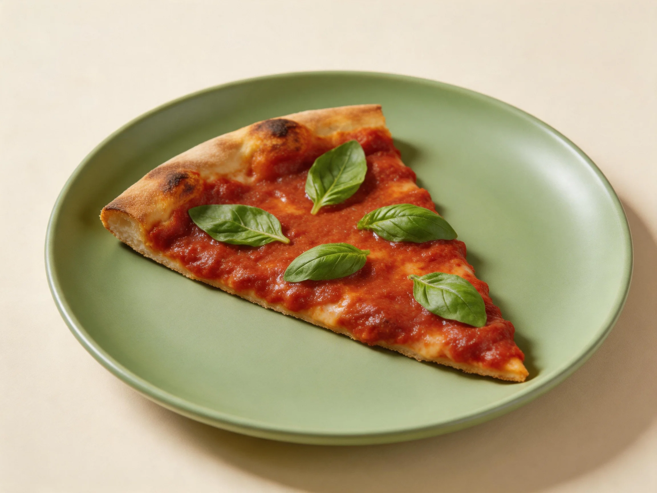 A single slice of tomato-based pizza with fresh basil on a muted green plate