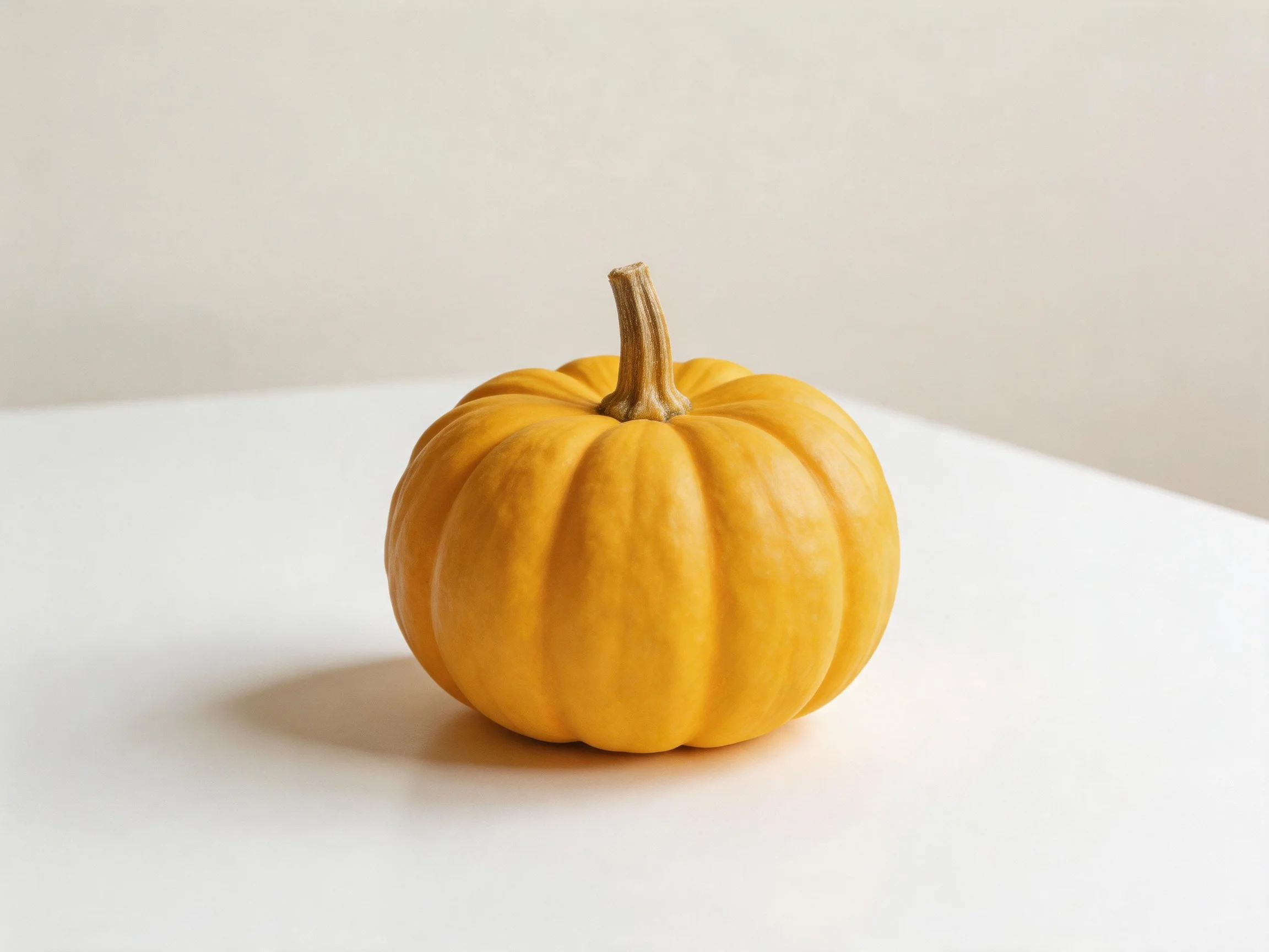 A single small orange pumpkin rests on a plain white surface