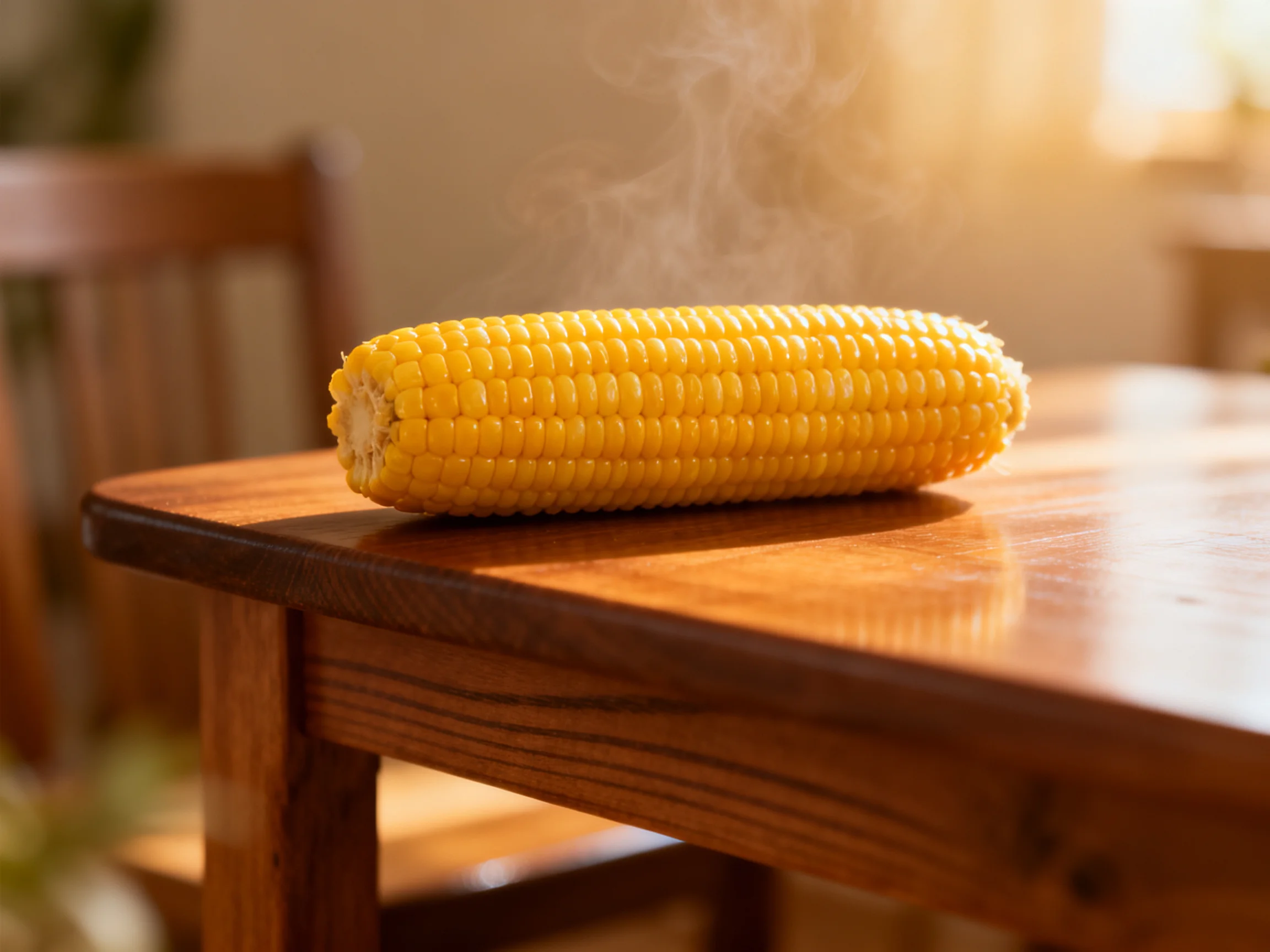 A single steaming ear of golden-yellow corn rests on a polished wooden table