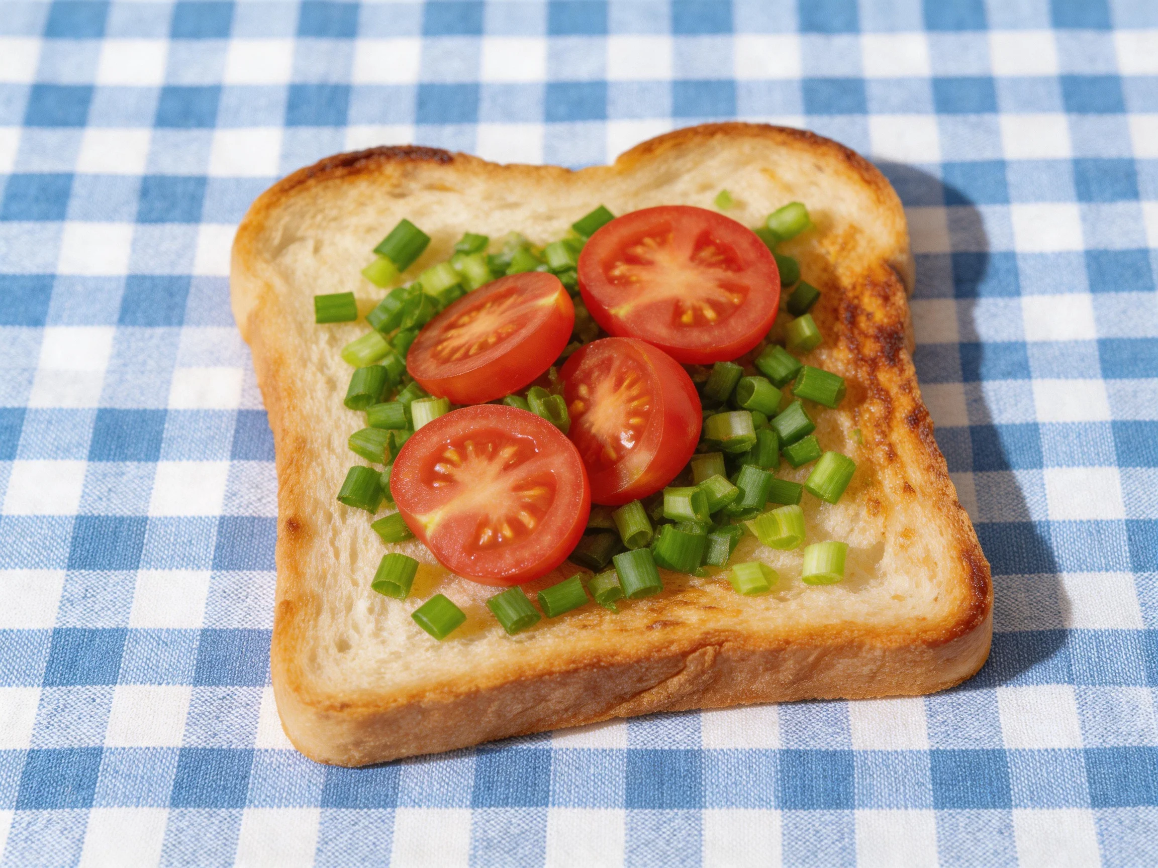 A single toasted bread slice topped with cherry tomato halves and chopped scallions on a blue-and-whi