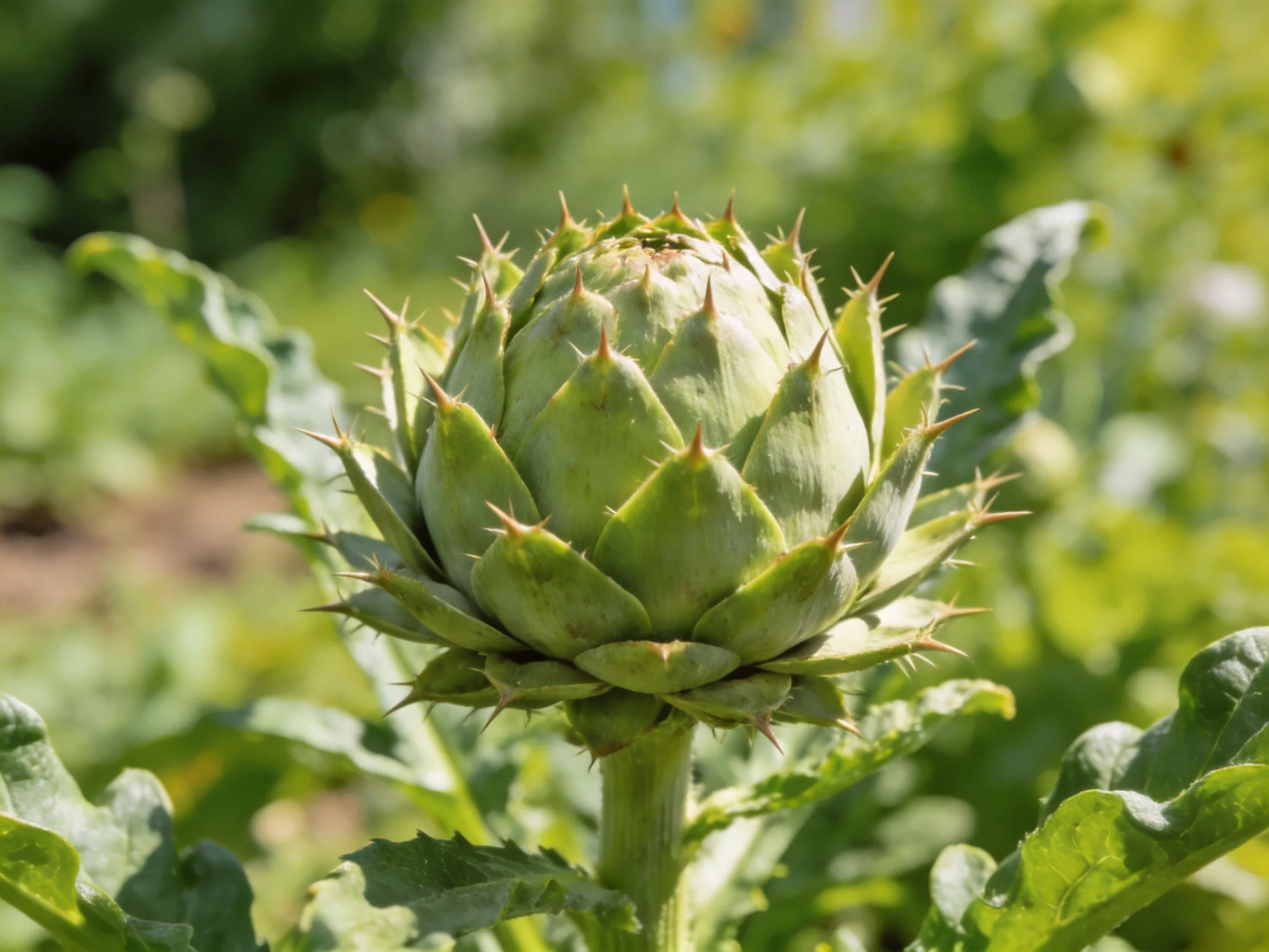 A single unopened artichoke bud with spiky green petals amidst large leaves