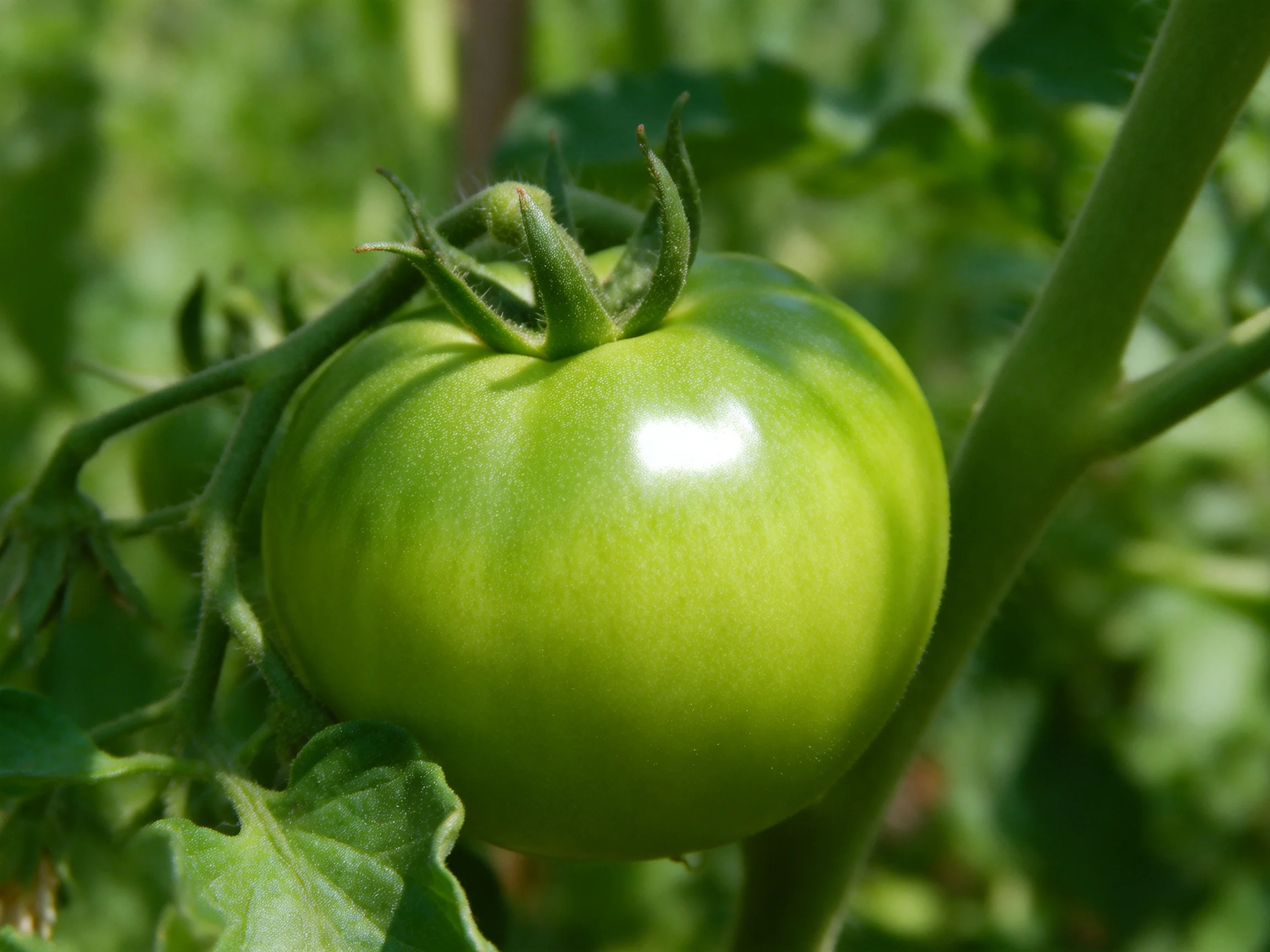 A single unripe green tomato attached to a leafy vine