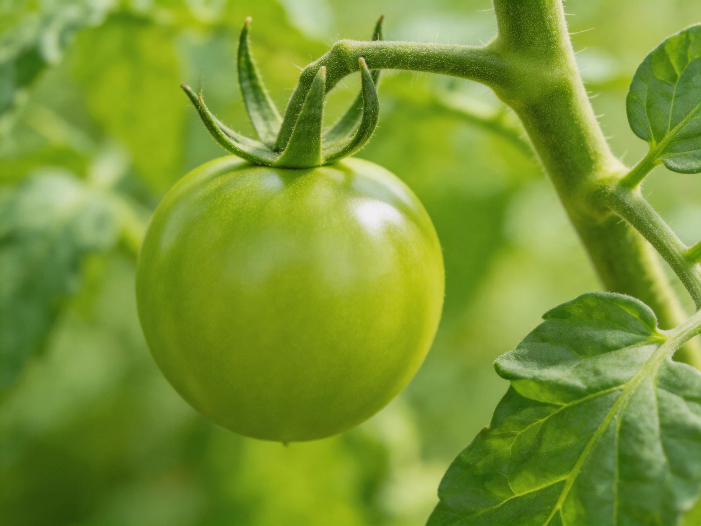 A single unripe green tomato hangs from a leafy vine branch