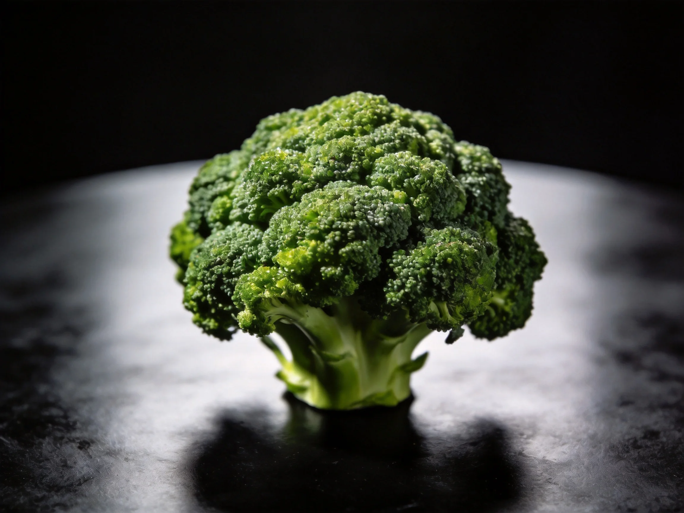 A single vibrant green broccoli head centered on a dark surface