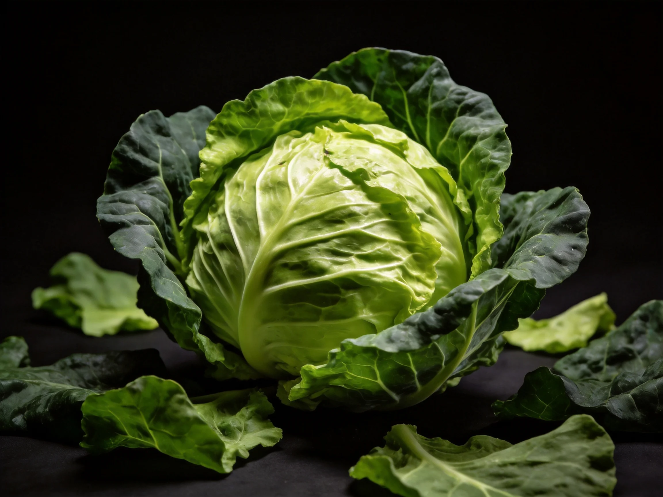 A single vibrant green cabbage with scattered leaves against a dark backdrop