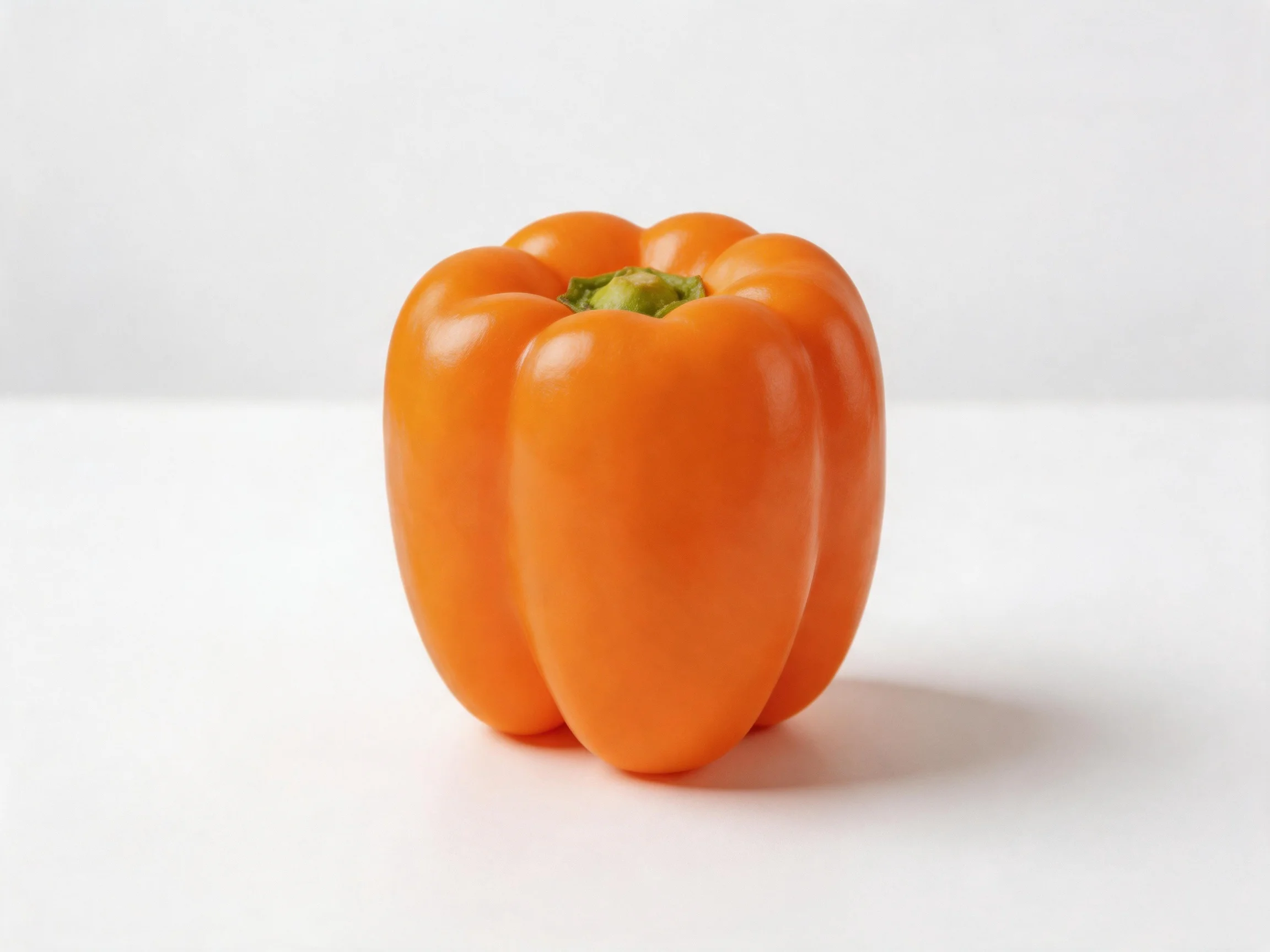 A single vibrant orange bell pepper centered on a white surface