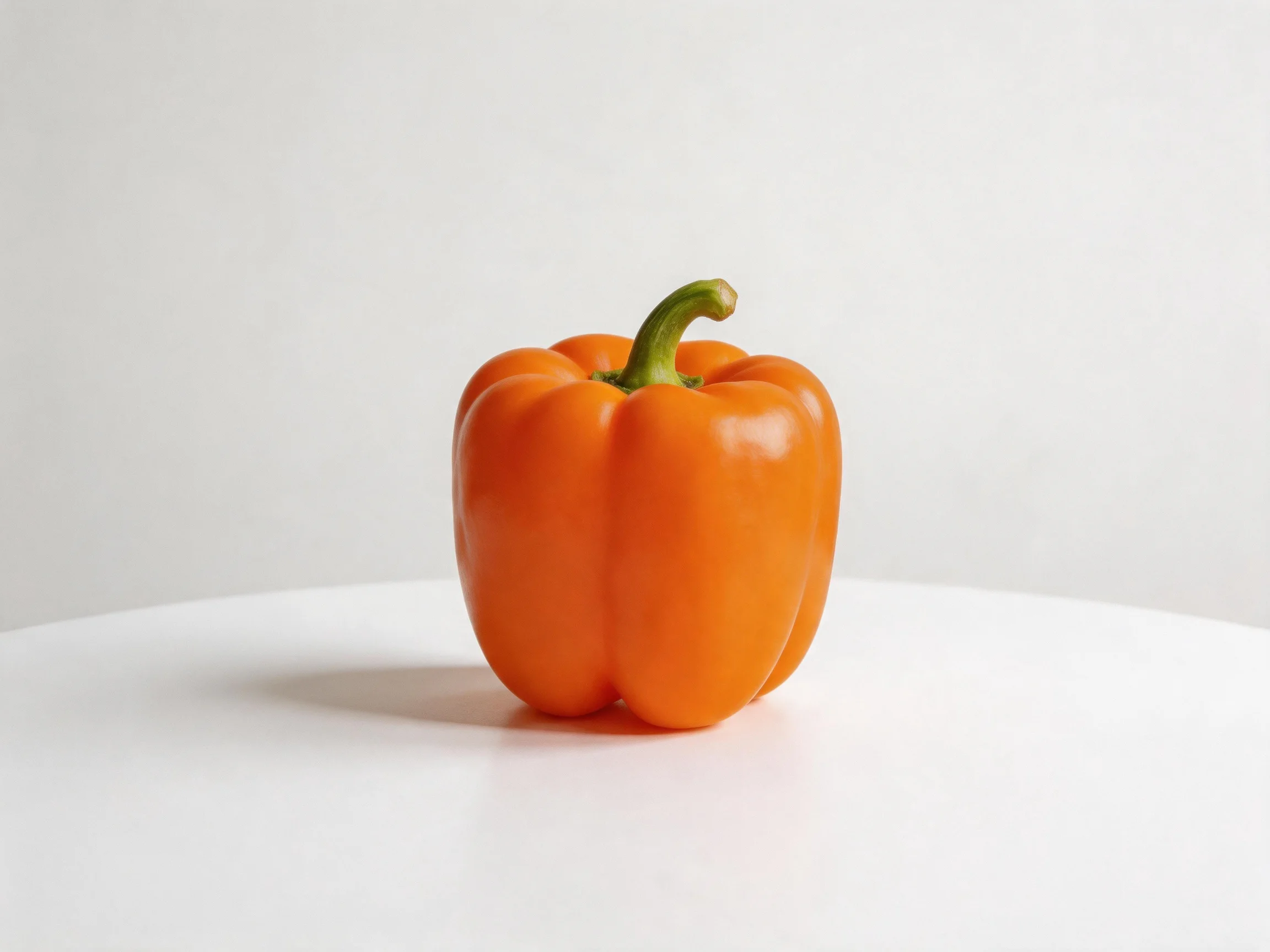 A single vibrant orange bell pepper sits centered on a white surface against a plain white background