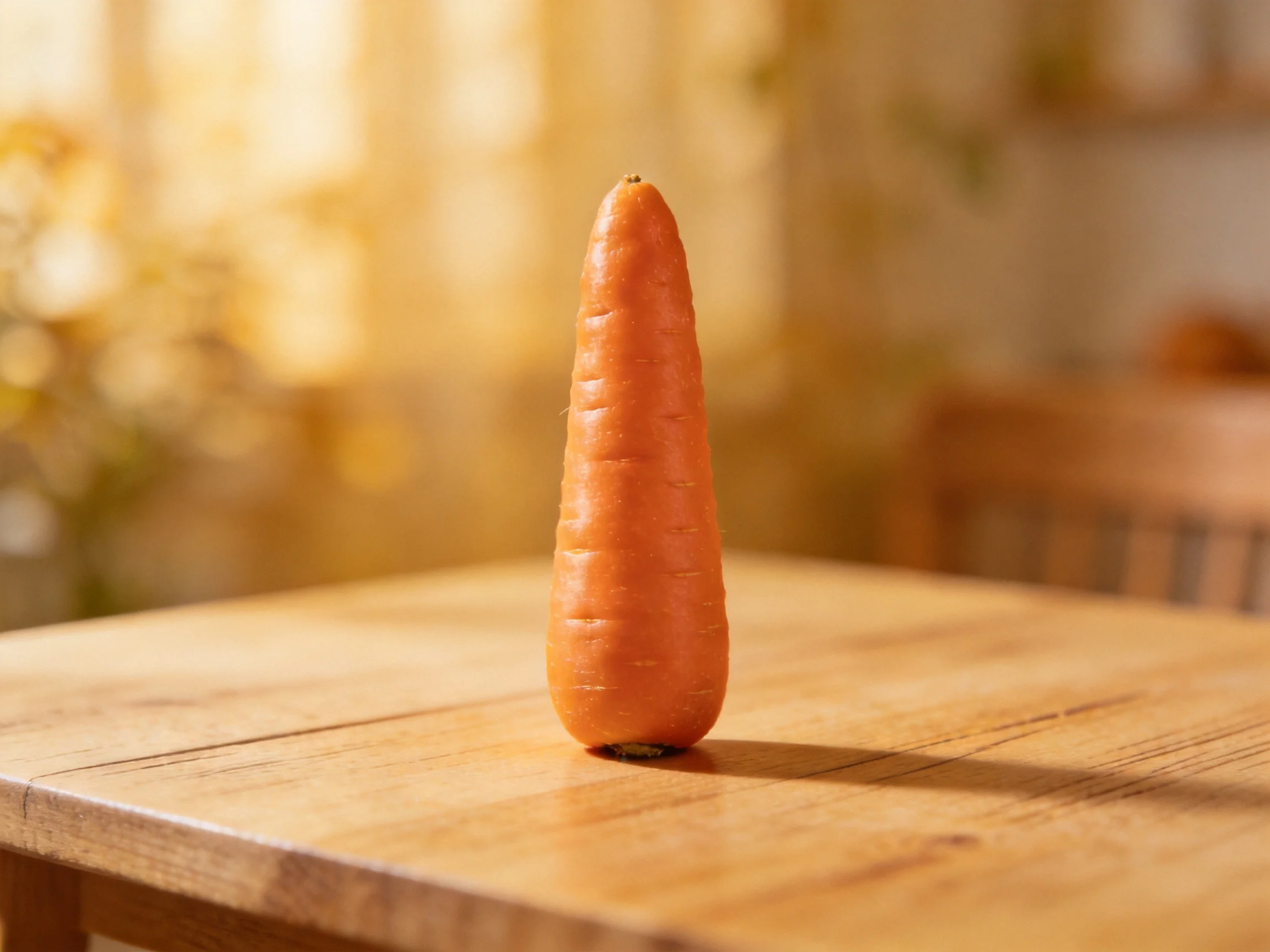 A single vibrant orange carrot stands alone on a wooden table in a warmly lit room