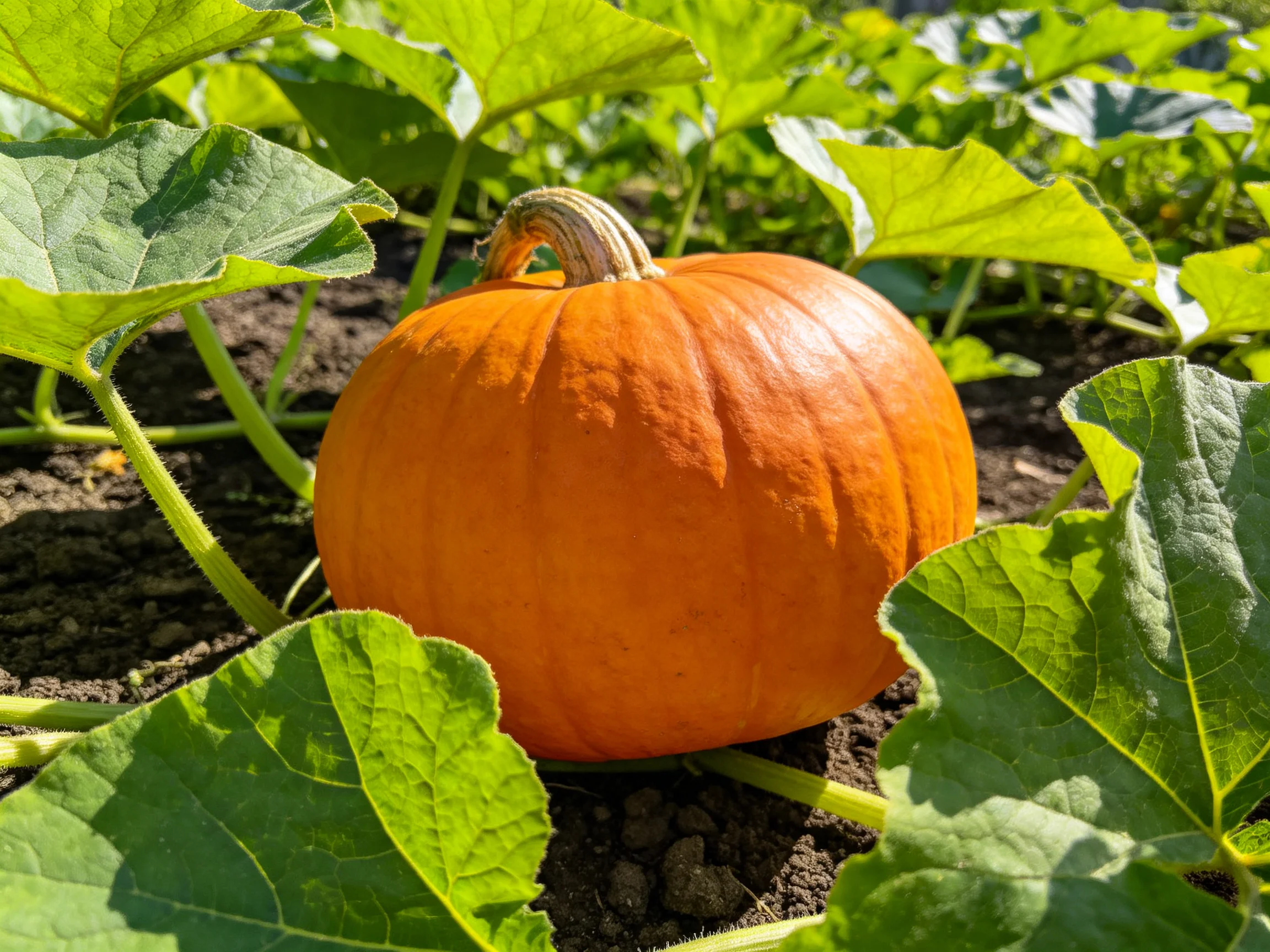 A single vibrant orange pumpkin nestled among lush green foliage