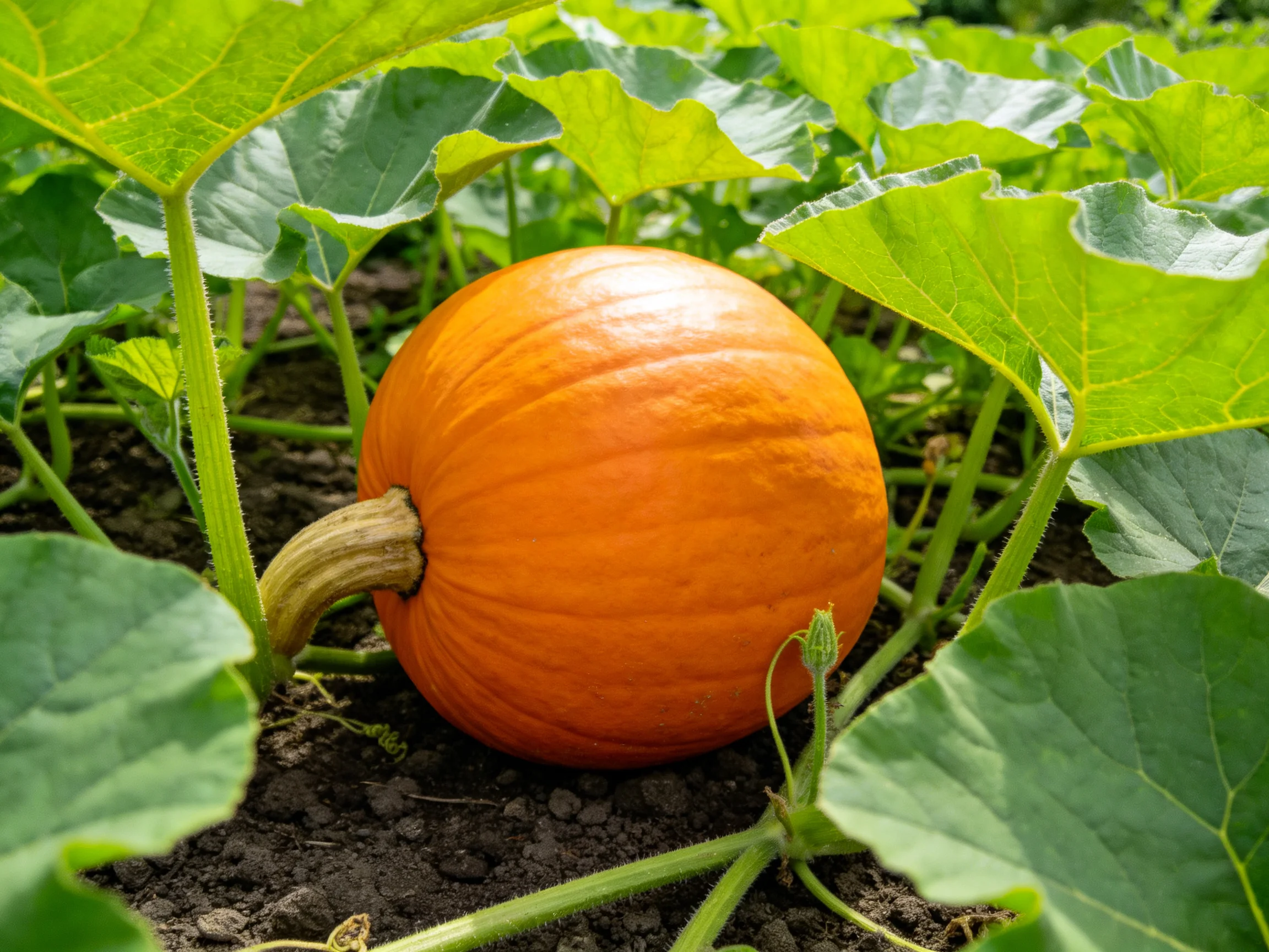 A single vibrant orange pumpkin nestled among lush green leaves