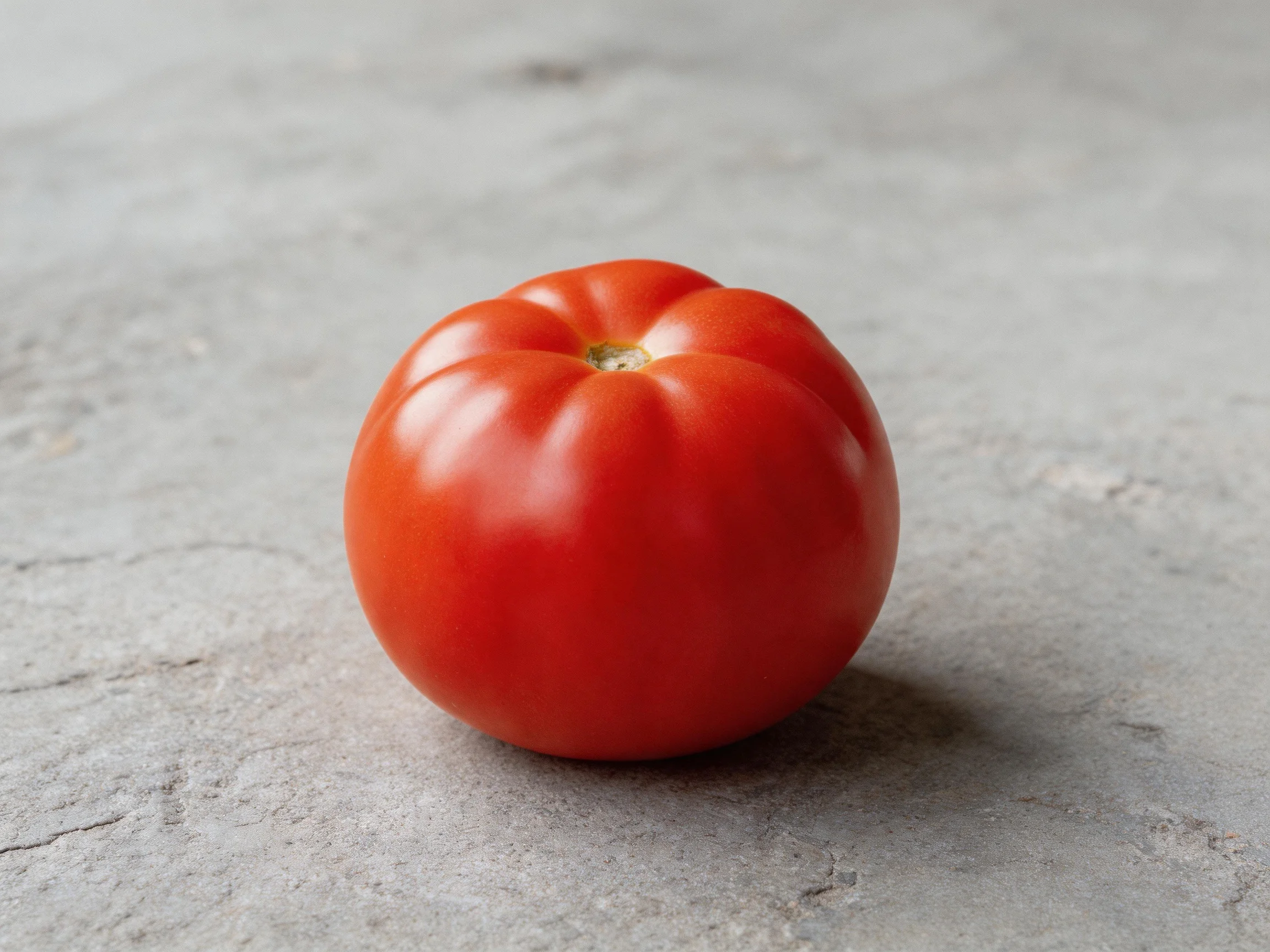 A single vibrant red tomato on a smooth gray surface