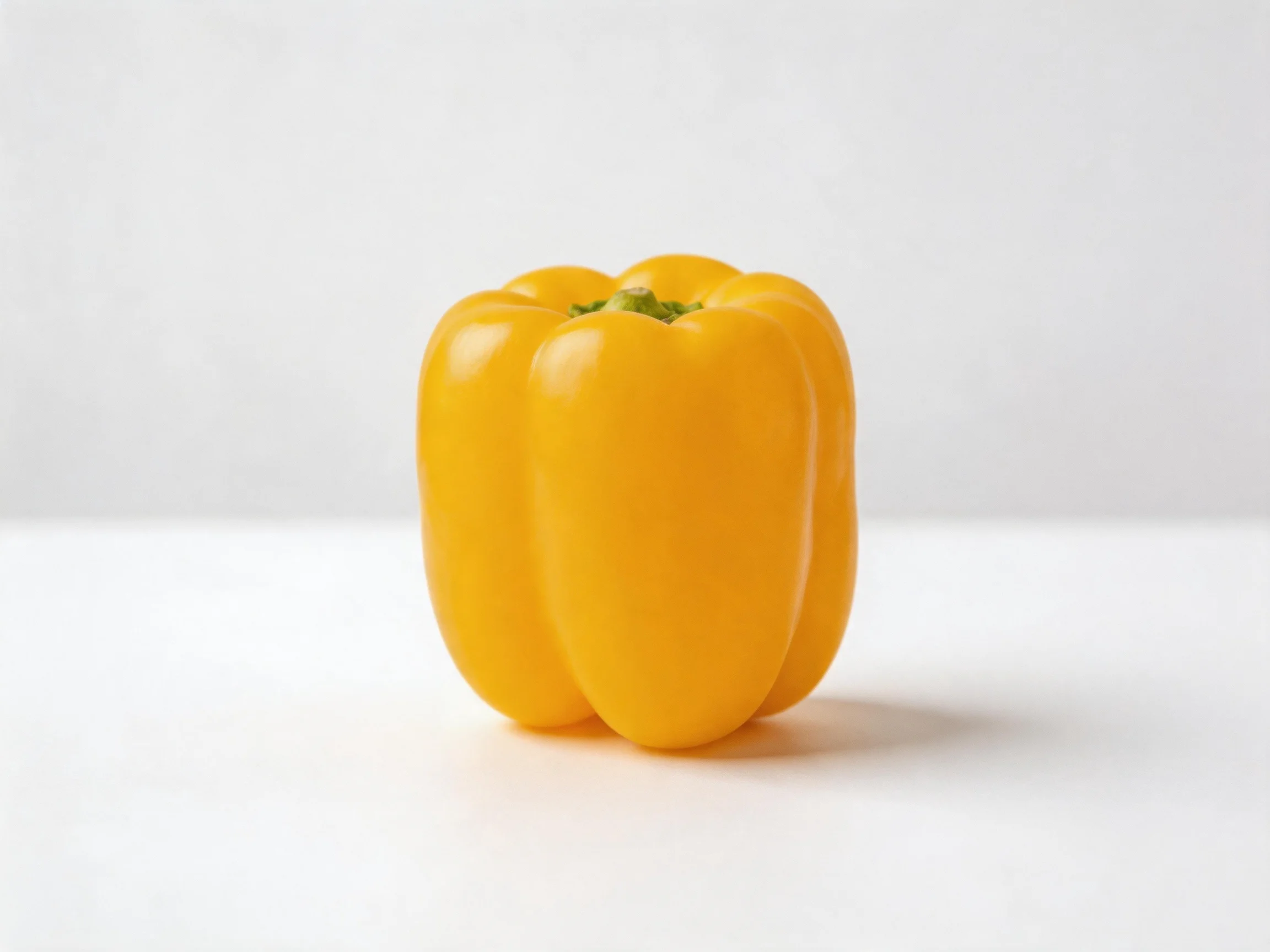 A single vibrant yellow bell pepper centered on a plain white surface
