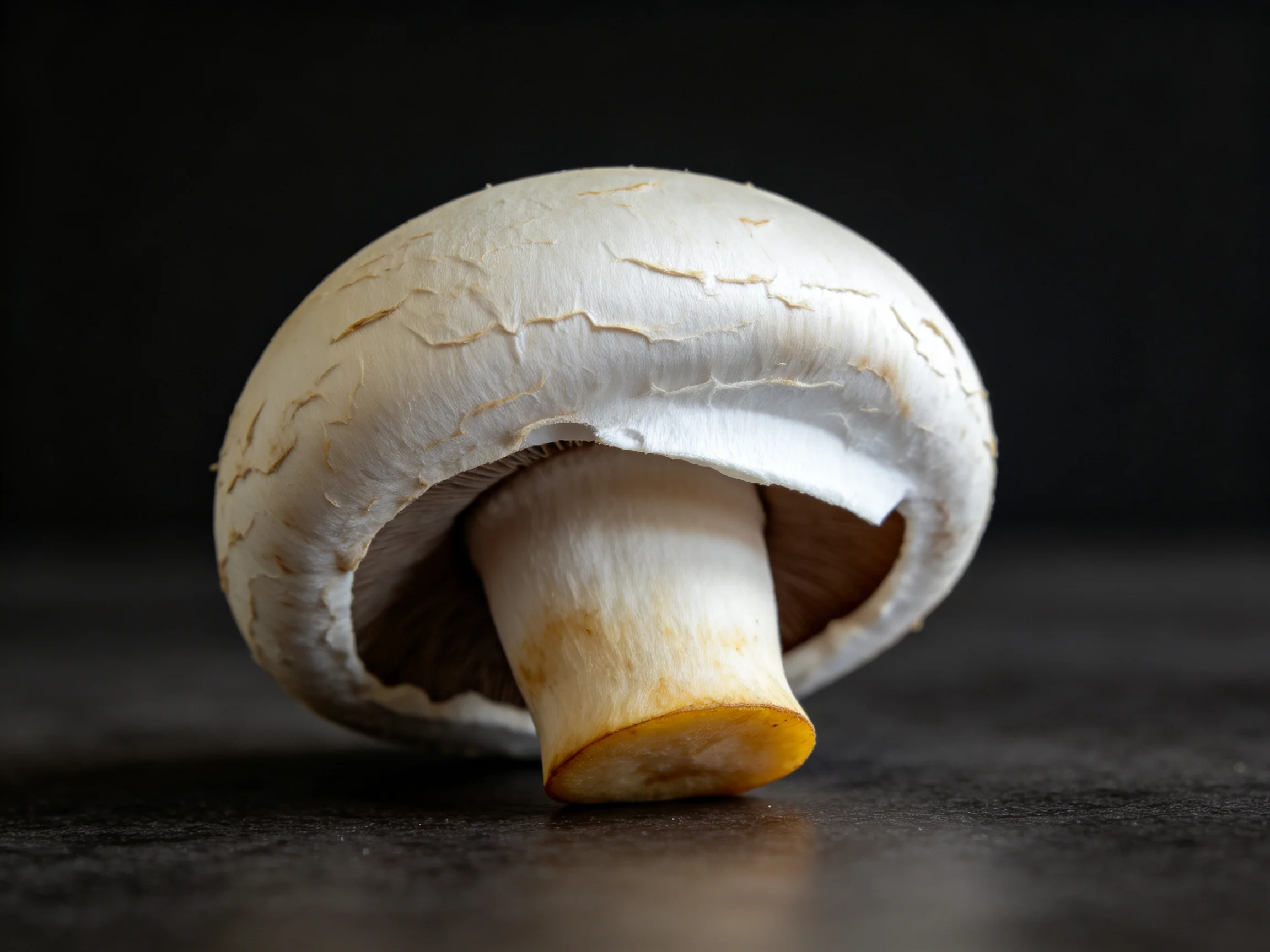 A single white-capped mushroom with textured cap and yellow-tipped stem