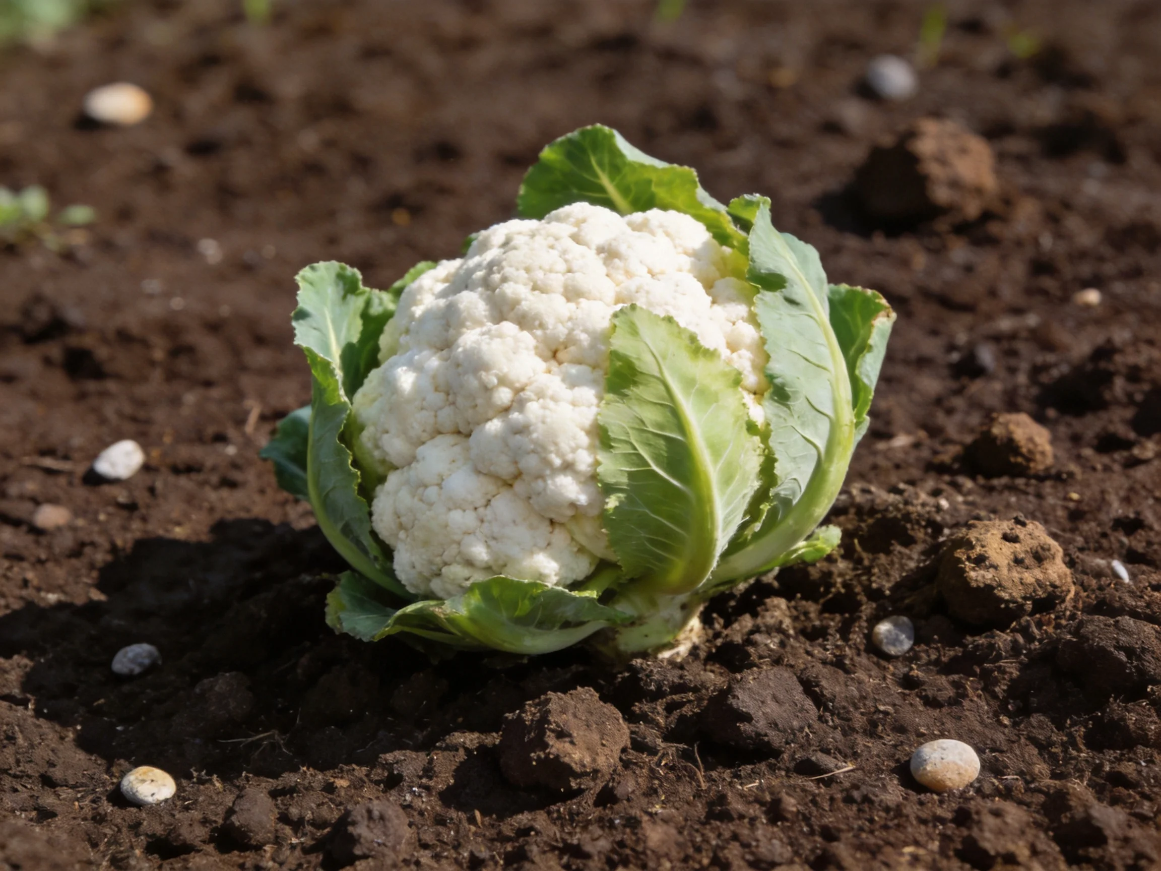 A single white cauliflower head nestled among dark brown soil