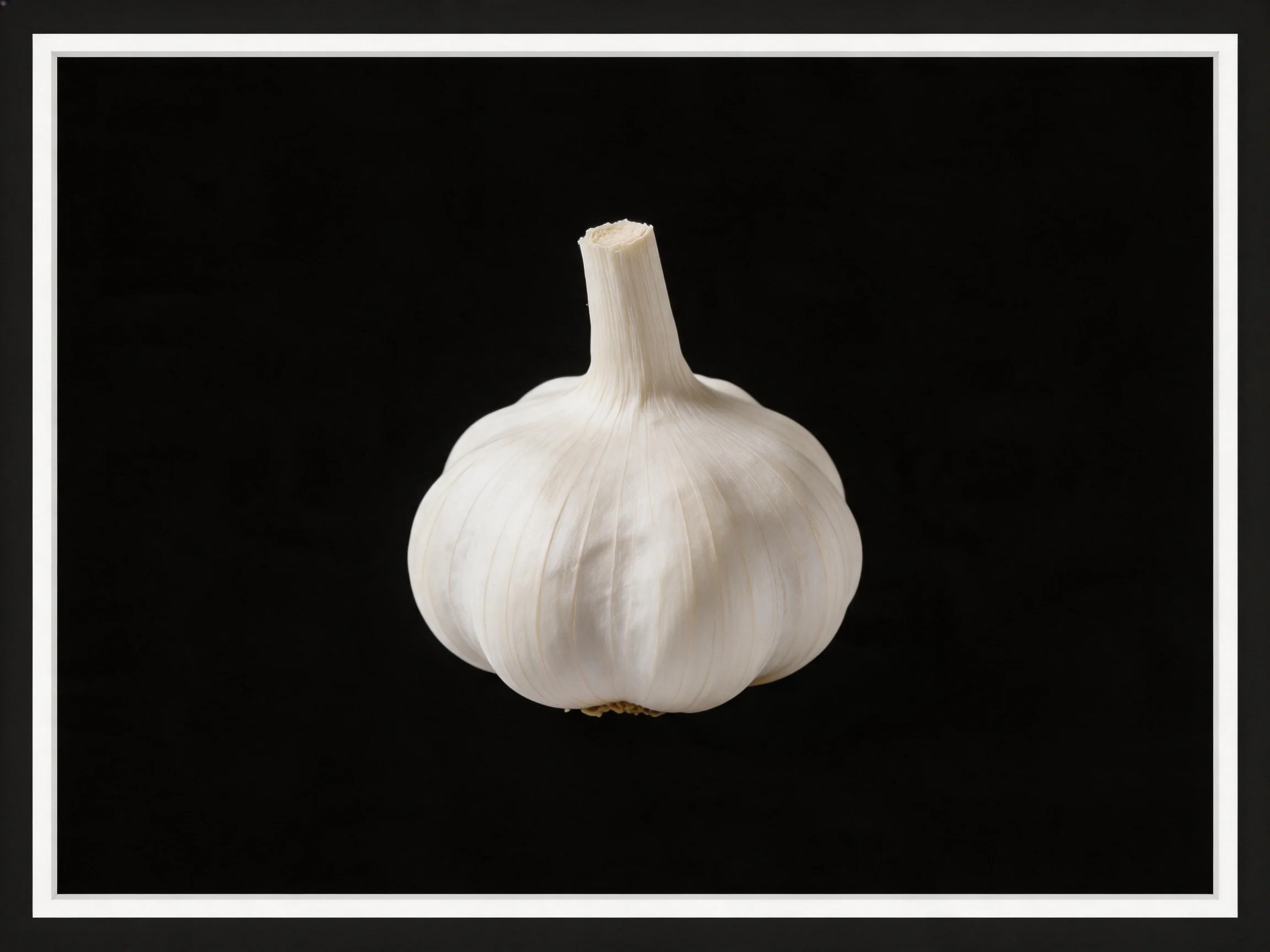 A single white garlic bulb centered on a solid black background