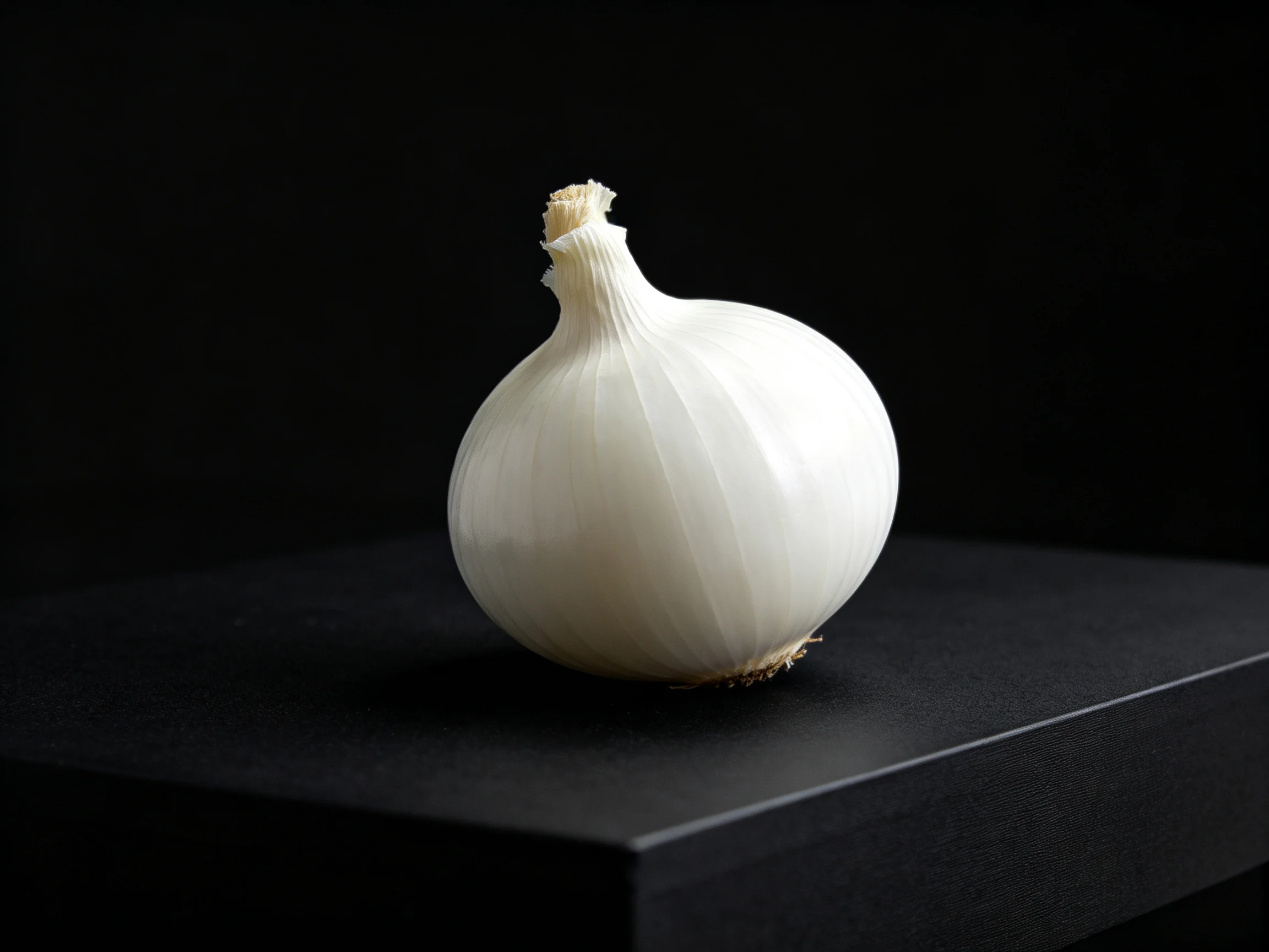A single white onion rests on a sleek black platform with a dark background.