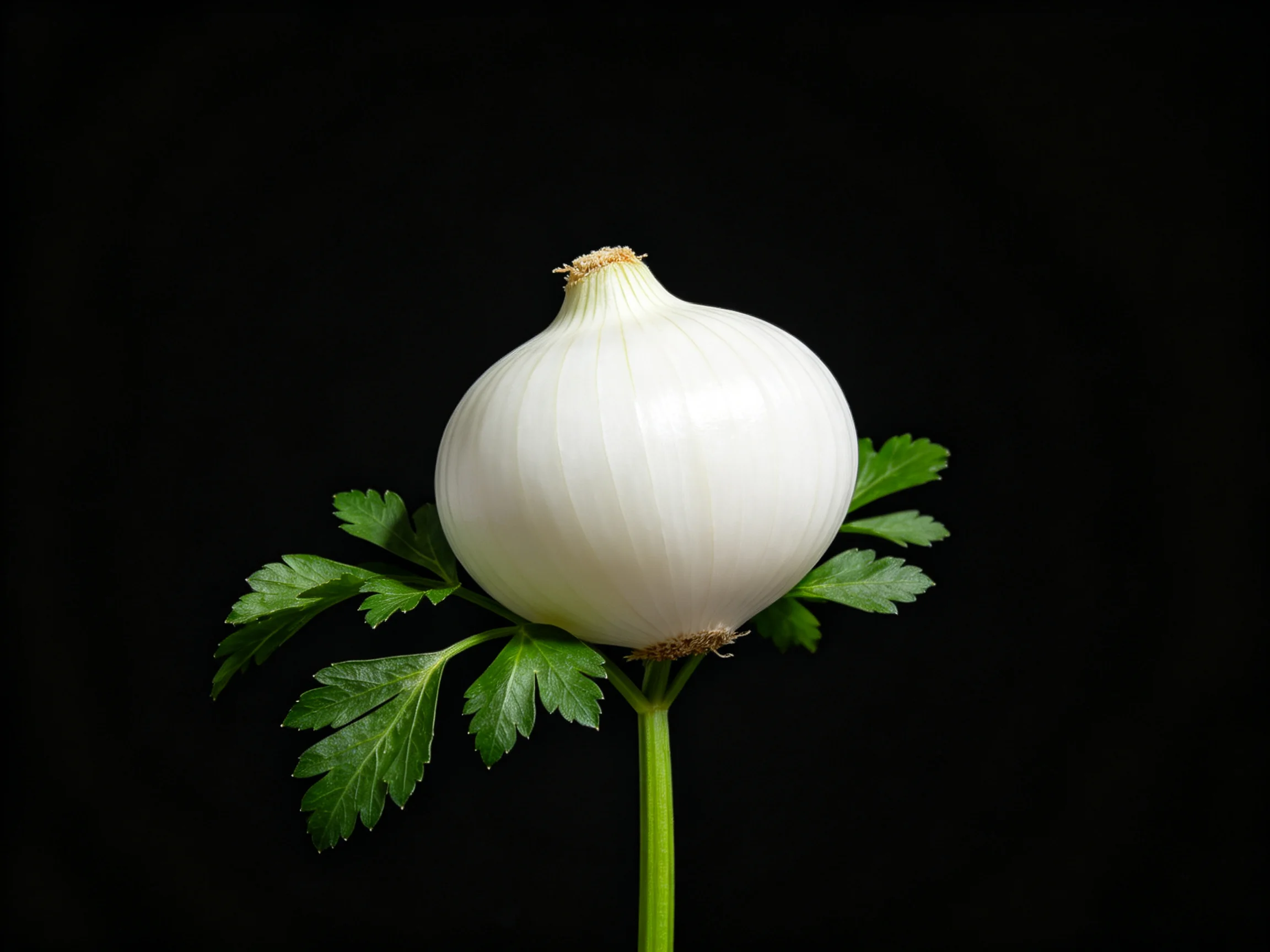 A single white onion with fresh green parsley leaves on a black background