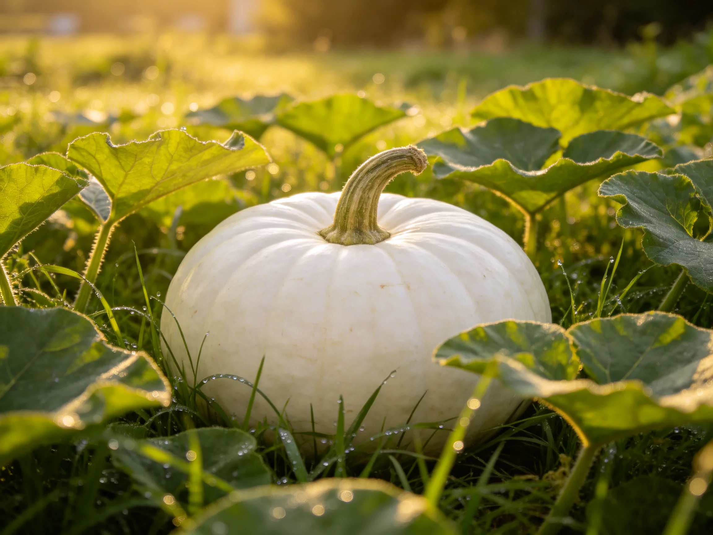 A single white pumpkin nestled among lush green foliage under golden sunlight