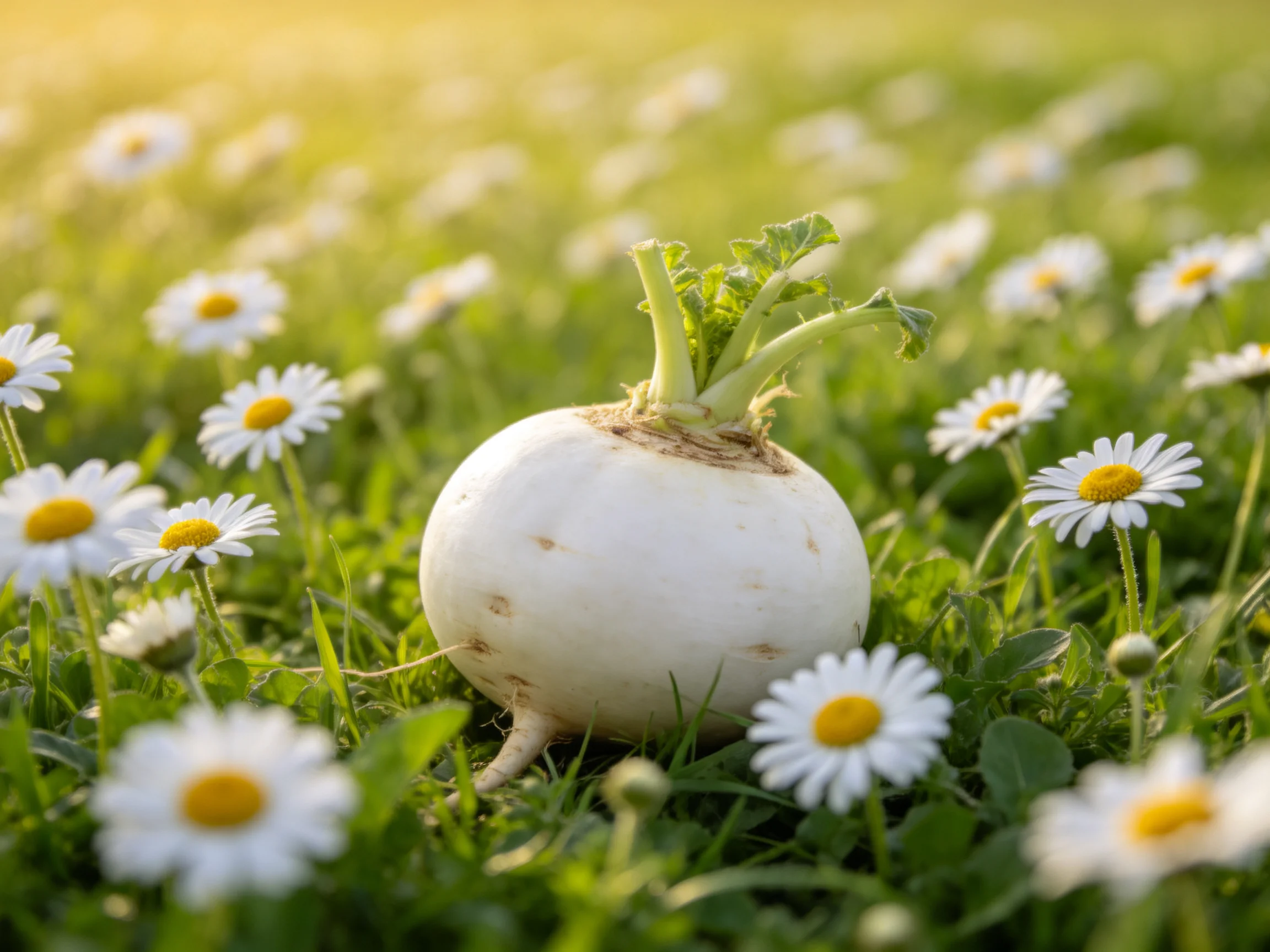 A single white radish amid many daisies in a sunlit meadow