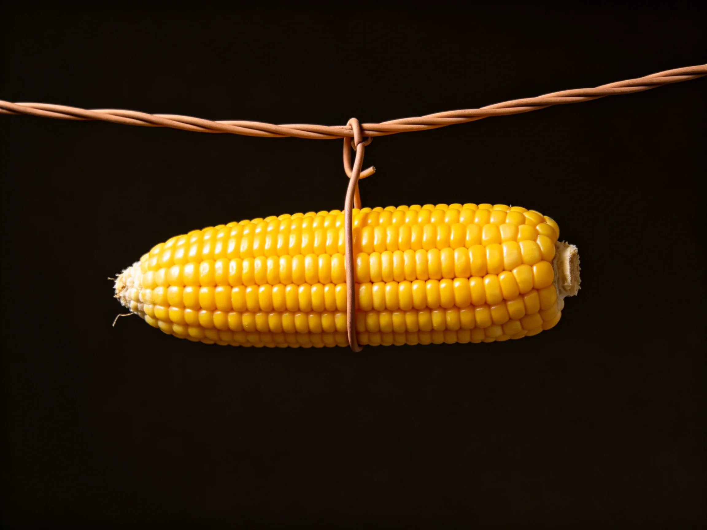 A single yellow corn cob suspended by a brown twine rope against a black backdrop