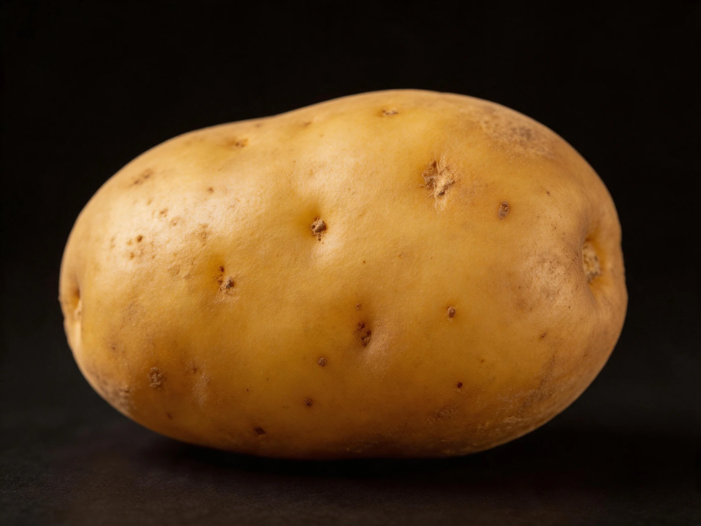 A single yellow potato with brown spots on a black background