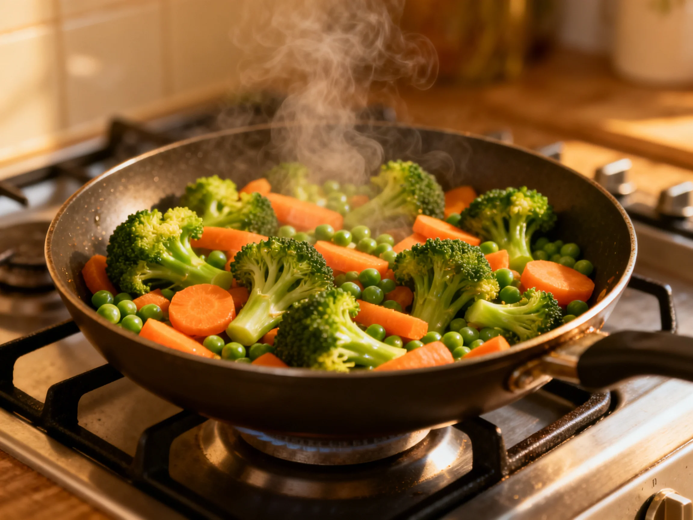 A sizzling medley of broccoli, carrot slices, and green peas in a frying pan with rising steam