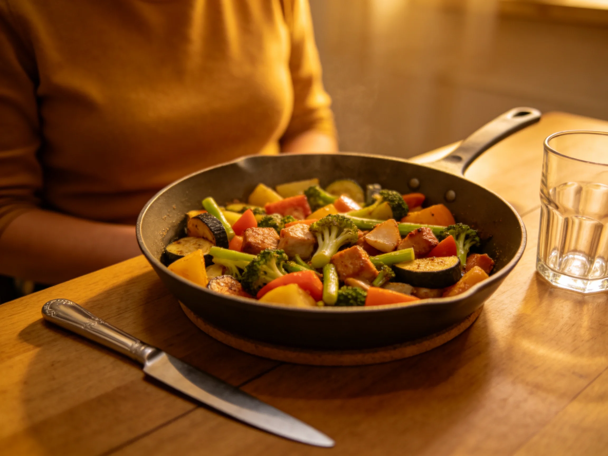A skillet filled with colorful mixed vegetables and protein on a wooden table