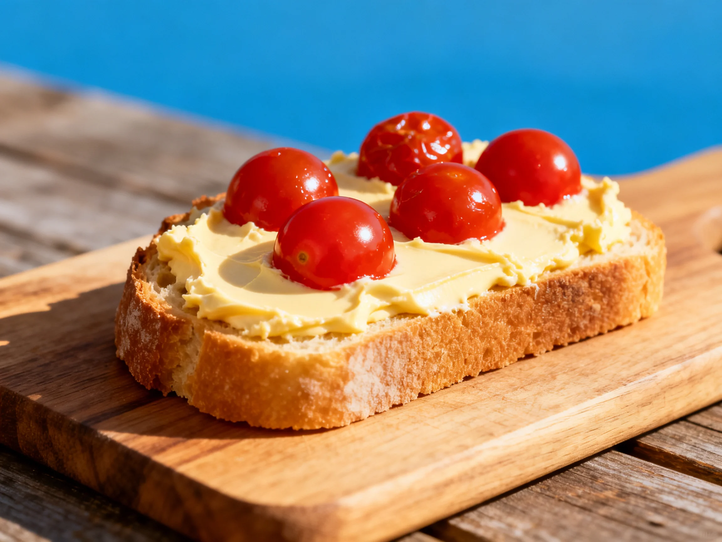 A slice of toasted bread with cheese and five cherry tomatoes