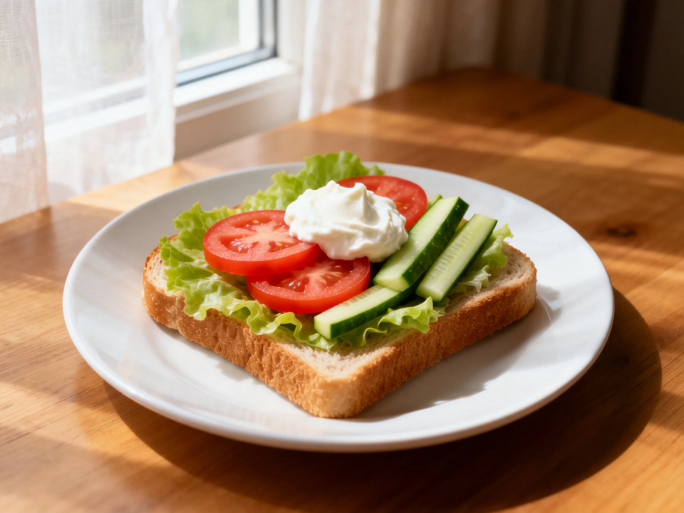 A slice of toasted bread with fresh veggies and cream