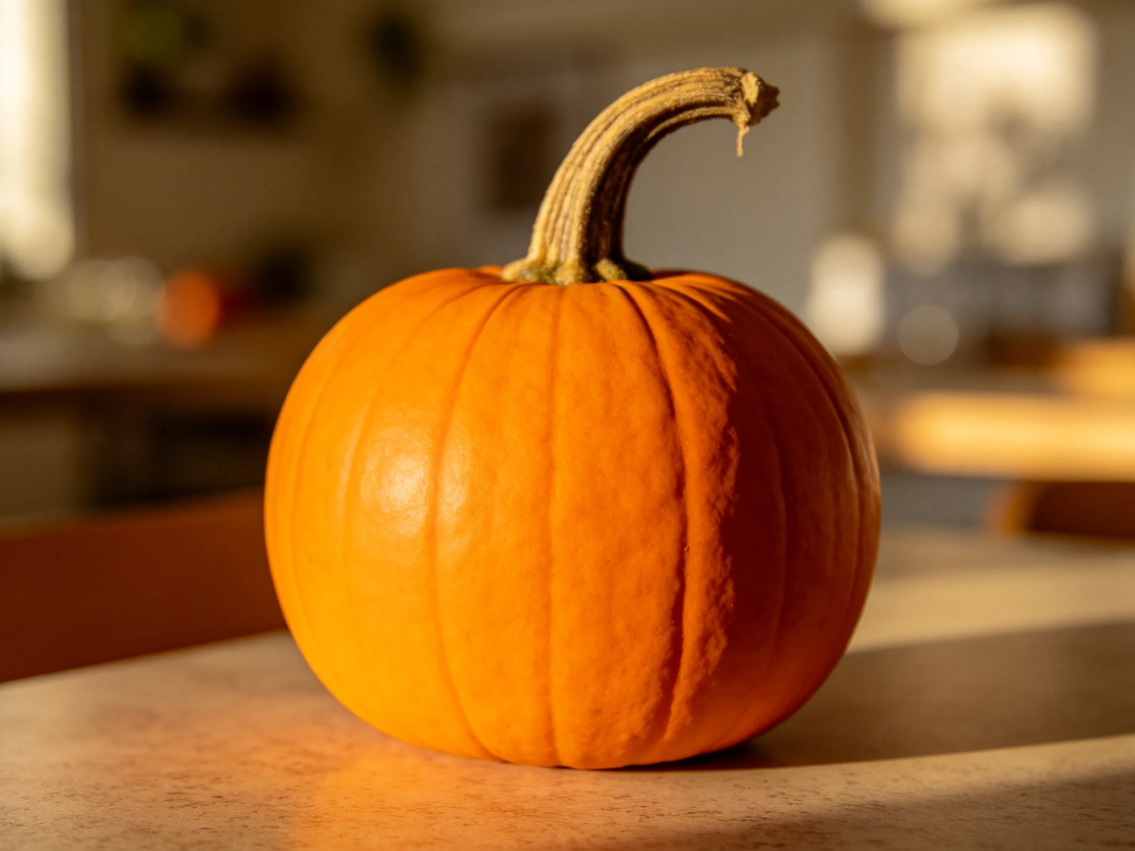A small bright orange pumpkin sits atop a wooden surface with warm ambient light.
